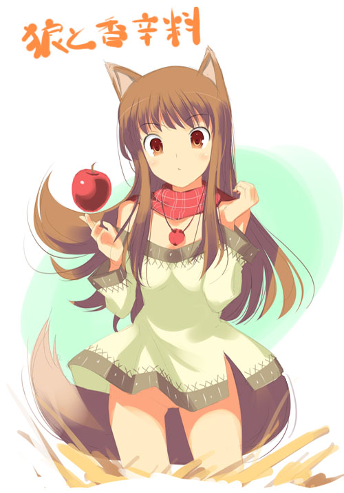 yaegashi nan, holo, spice and wolf, 00s, animal ears, apple, bottomless, brown hair, food, fruit, jewelry, long hair, necklace, no panties, pussy, solo, tail, uncensored, wolf ears, wolf tail