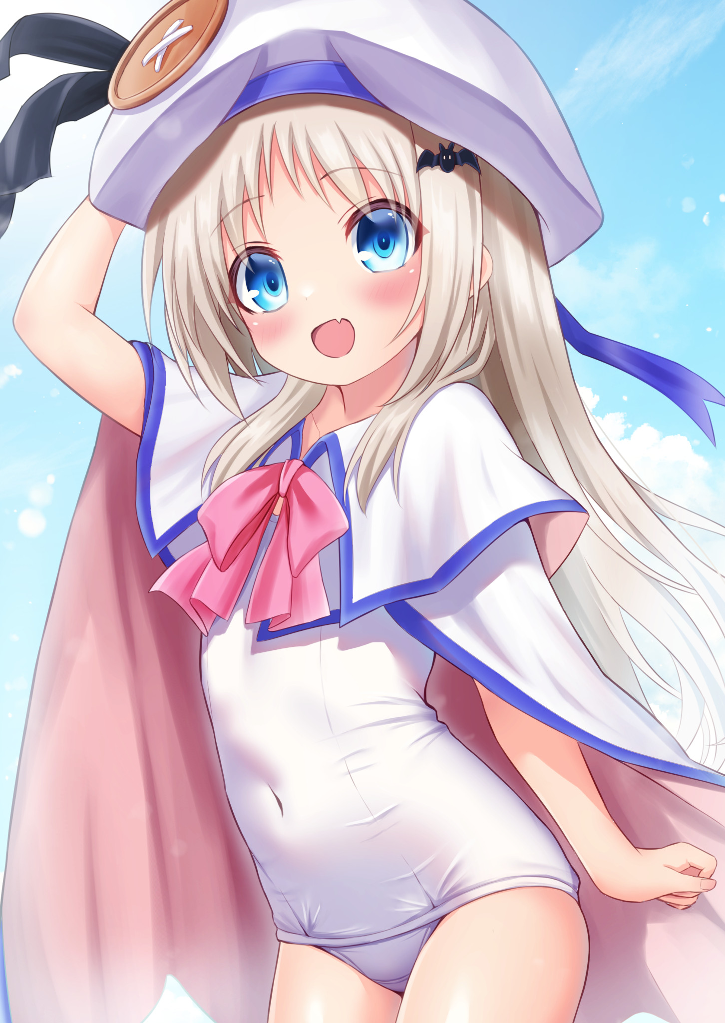eima, noumi kudryavka, little busters!, commentary request, highres, 1girl, :d, bat hair ornament, beret, black ribbon, blonde hair, blue eyes, blue ribbon, blue sky, blush, bow, bowtie, cape, covered navel, cowboy shot, fang, flat chest, hair ornament, hand on headwear, hand up, hat, hat ribbon, long hair, looking at viewer, one-piece swimsuit, open mouth, pink bow, pink bowtie, ribbon, school swimsuit, skin fang, sky, smile, solo, swimsuit, two-sided cape, two-sided fabric, white cape, white hat, white one-piece swimsuit