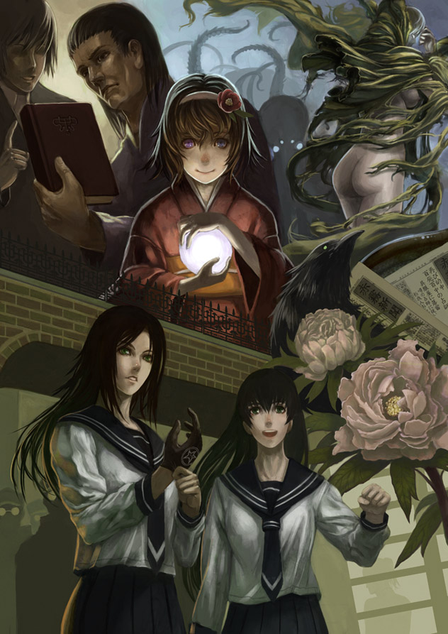 kazuya, cthulhu, hastur, cthulhu mythos, original, 4girls, ass, bird, book, breasts, crystal ball, flower, gloves, heterochromia, japanese clothes, multiple girls, newspaper, nude, octopus, sideboob