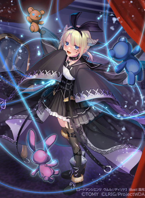 ori simo, umr (wixoss), wixoss, official art, 1girl, black cape, black collar, black dress, black hairband, black shoes, black thighhighs, blonde hair, blue eyes, brown horns, cape, collar, copyright notice, dress, facial tattoo, fang, from above, fur-trimmed shoes, hairband, horns, light particles, low twintails, open mouth, puppet strings, shoes, short twintails, solo, stuffed animal, stuffed rabbit, stuffed toy, tattoo, teddy bear, thighhighs, twintails
