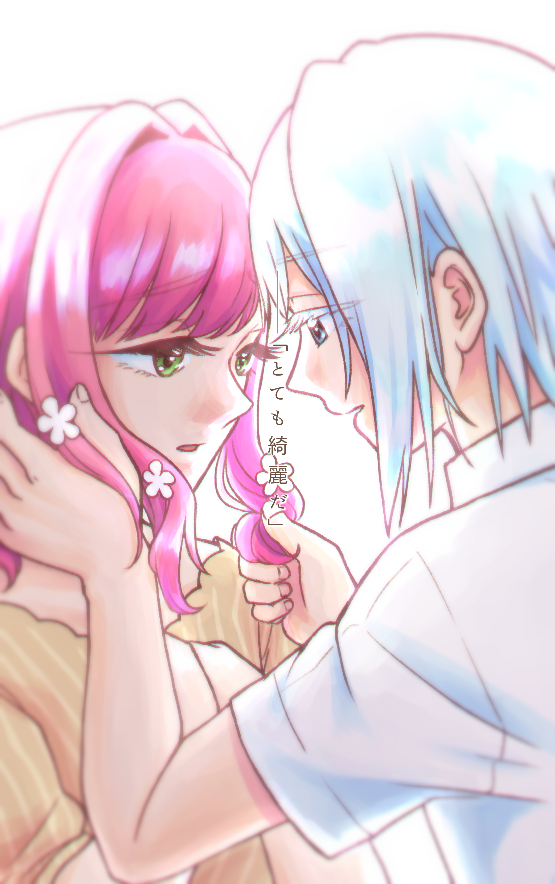 jane na doe, hanazono hahari, kimi no koto ga dai dai dai dai daisuki na 100-nin no kanojo, absurdres, commentary request, cropped, highres, translation request, 1boy, 1girl, aged down, blue eyes, couple, flower, green eyes, hair flower, hair intakes, hair ornament, hanazono hakari's father, hand on another's cheek, hand on another's face, hands up, holding another's hair, looking at another, medium hair, parted lips, pink hair, shirt, short sleeves, simple background, striped clothes, striped shirt, vertical-striped clothes, vertical-striped shirt, white background, white flower, white hair, white shirt, yellow shirt