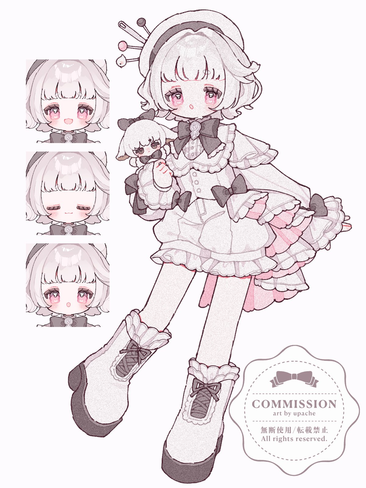 original, commentary, commission, highres, 1girl, :3, :d, :o, artist name, black bow, black bowtie, blunt bangs, blush, boots, bow, bowtie, closed eyes, closed mouth, dress, frilled dress, frilled sleeves, frills, full body, hat, lace-up boots, long sleeves, looking at viewer, multiple expressions, open mouth, red eyes, short hair, simple background, sleeve bow, smile, standing, upache, watermark, white background, white boots, white dress, white hair, white hat