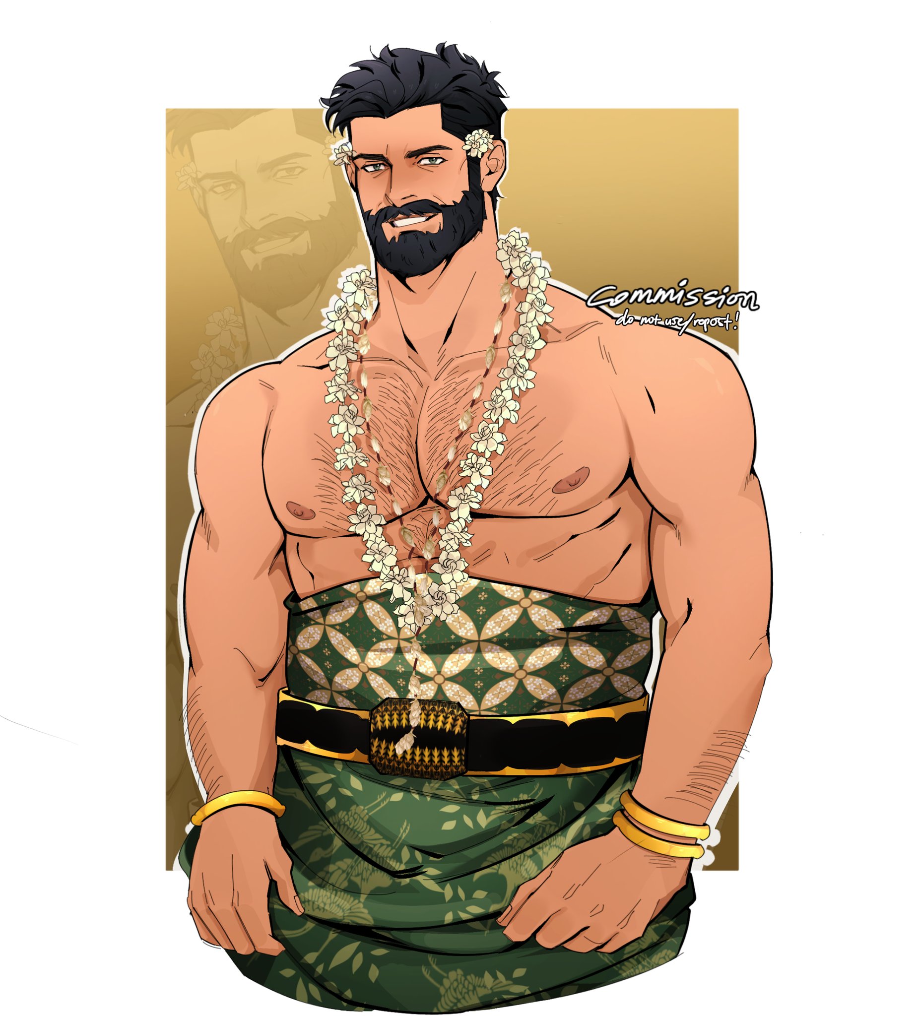 bugadobepo, billy butcher, the boys, highres, 1boy, arm hair, bara, beard, blue eyes, chest hair, cowboy shot, facial hair, full beard, grin, hairy, javanese clothes, large pectorals, looking at viewer, male focus, mature male, muscular, muscular male, nipples, pectorals, short hair, smile, solo, thick beard, thick eyebrows, topless male, tsurime