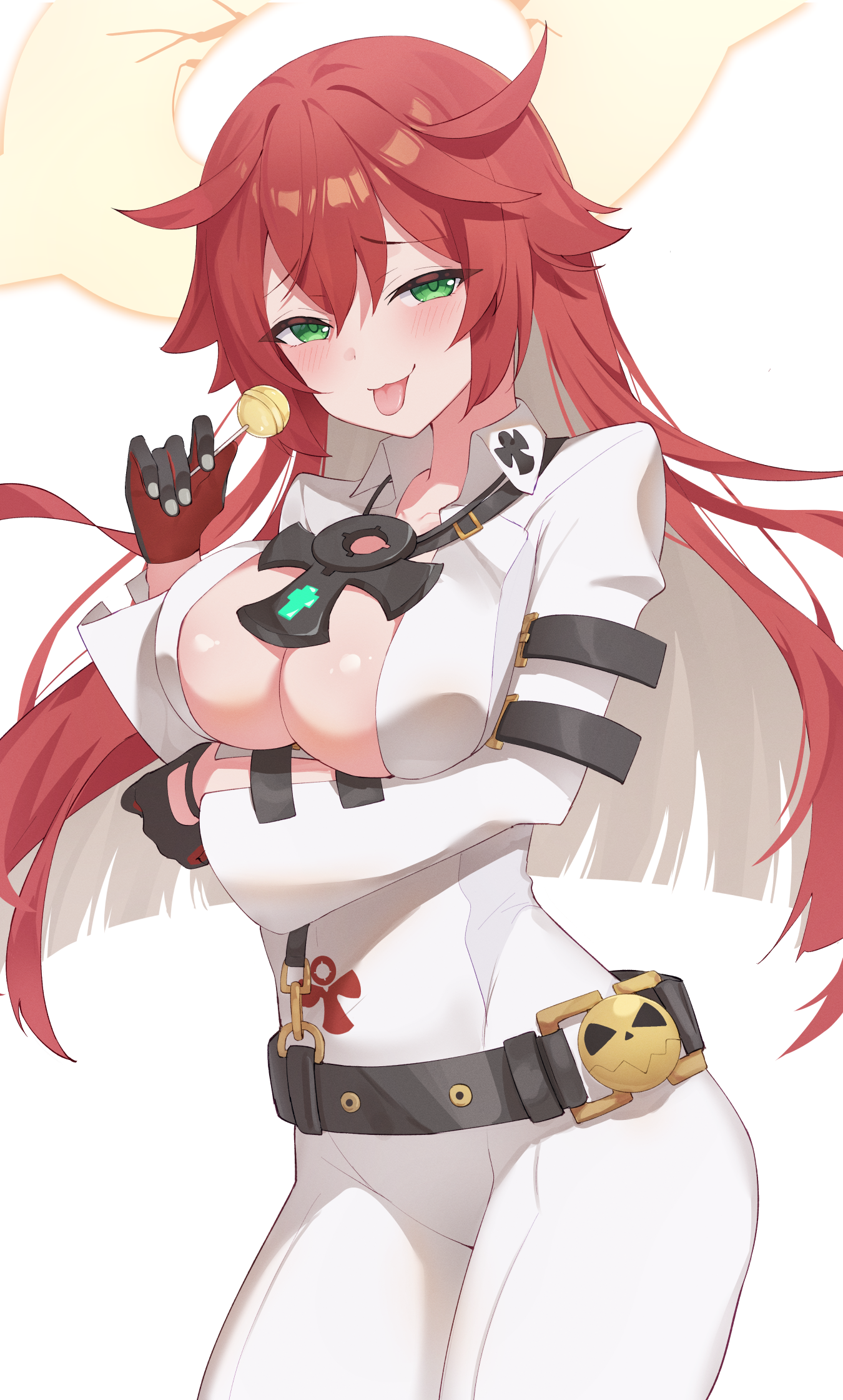 bitseon, jack-o' valentine, guilty gear, commentary, commission, english commentary, highres, 1girl, bodysuit, breasts, broken halo, candy, cleavage, food, gloves, green eyes, halo, large breasts, lollipop, long hair, multicolored hair, red hair, spiked halo, tongue, tongue out, white bodysuit, white hair
