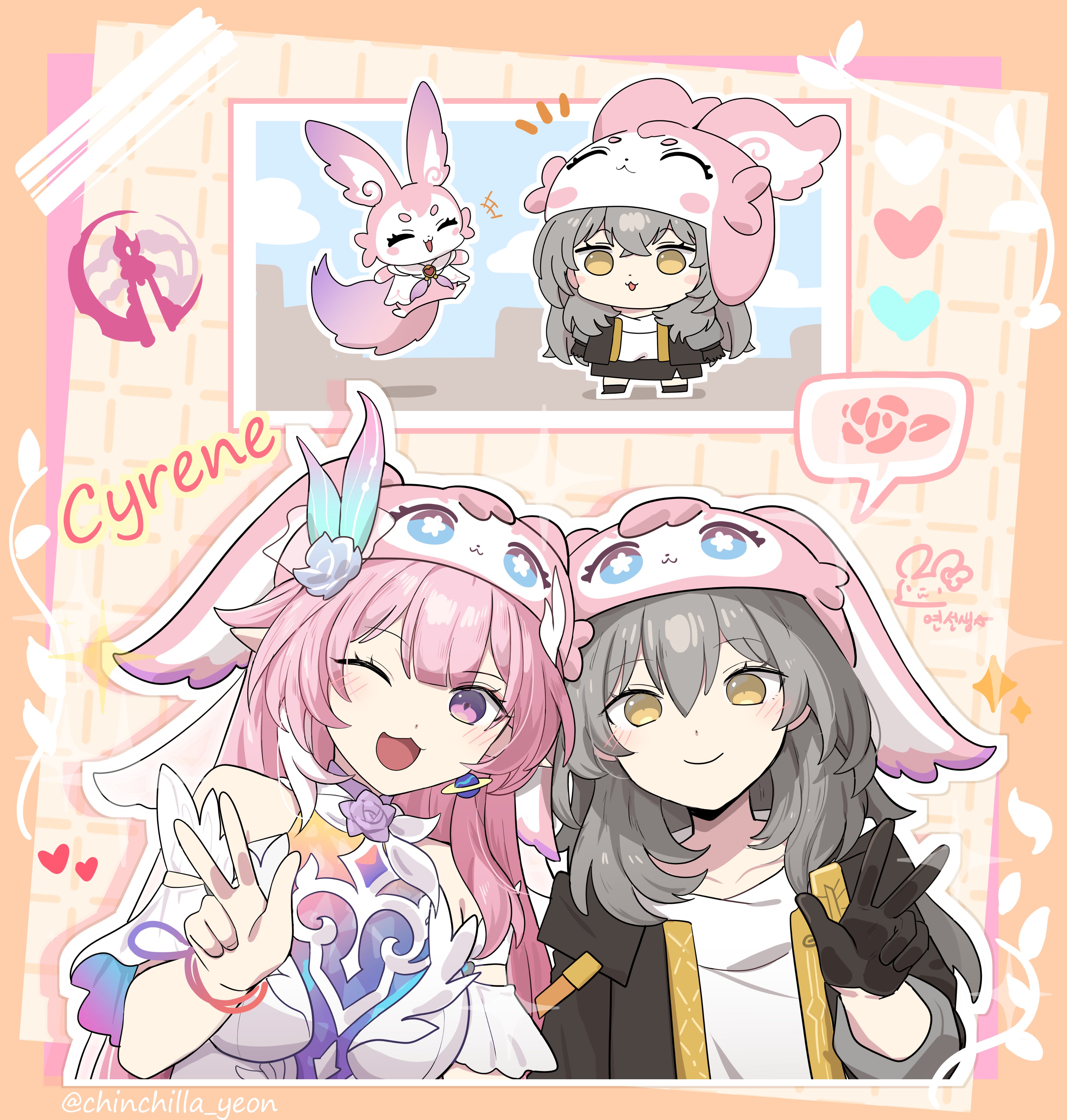 ooyun, cyrene (honkai: star rail), cyrene (ripples of past reverie) (honkai: star rail), mem (honkai: star rail), stelle (honkai: star rail), trailblazer (honkai: star rail), honkai: star rail, honkai (series), absurdres, commentary, highres, symbol-only commentary, 2girls, animal hat, bare shoulders, black gloves, black jacket, breasts, character name, chibi, closed mouth, detached sleeves, dress, gloves, grey hair, hair ornament, hat, heart, jacket, long hair, looking at viewer, medium breasts, multiple girls, one eye closed, open mouth, pink hair, pink hat, purple eyes, remembrance symbol (honkai: star rail), shirt, side-by-side, smile, twitter username, upper body, w, white dress, white shirt, yellow eyes