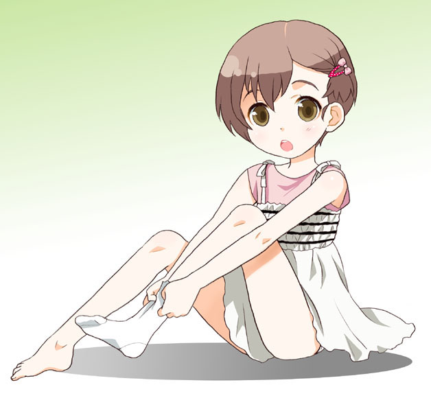 mattaku mousuke, original, 1girl, barefoot, brown hair, child, dress, feet, female focus, full body, gradient background, hair ornament, hairclip, putting on legwear, shirt, short hair, single sock, sleeveless, sleeveless shirt, sock pull, socks, solo, toes, very short hair