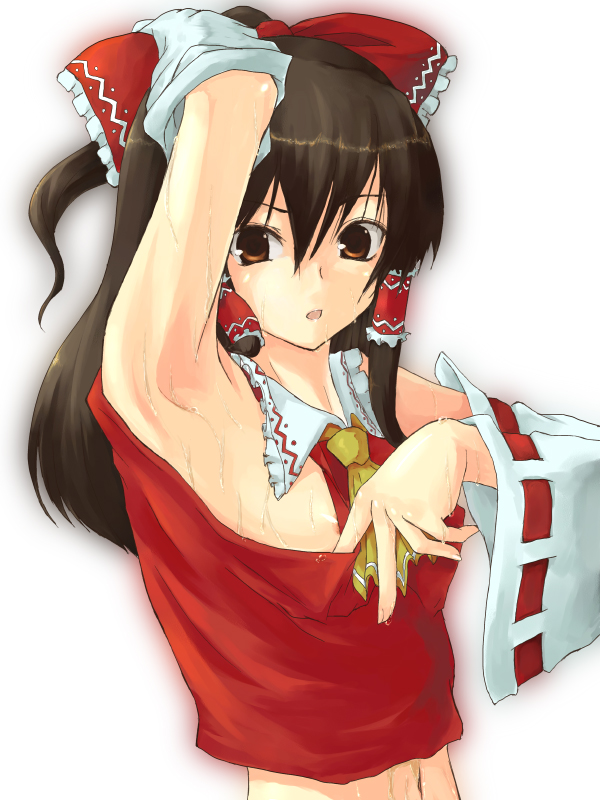 kuku, hakurei reimu, touhou, 1girl, armpits, bad anatomy, black hair, breasts, detached sleeves, female focus, japanese clothes, miko, navel, nipple slip, nipples, poorly drawn, sideboob, small breasts, solo, sweat