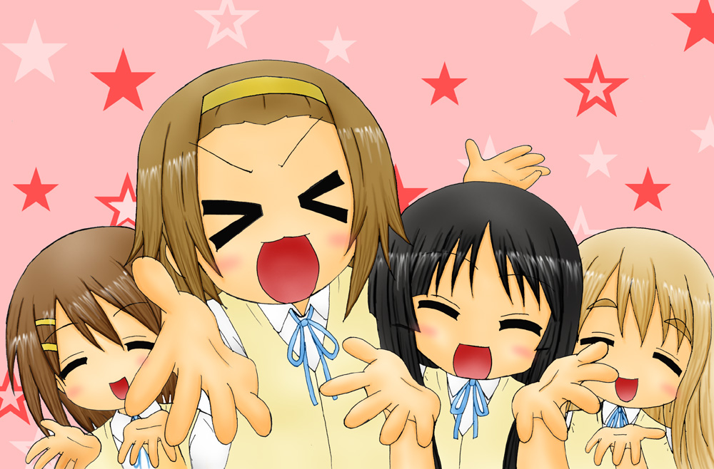 fuuma nagi, akiyama mio, hirasawa yui, kotobuki tsumugi, tainaka ritsu, k-on!, lucky star, motteke! serafuku, > <, 4girls, closed eyes, ho-kago tea time, multiple girls, parody, school uniform
