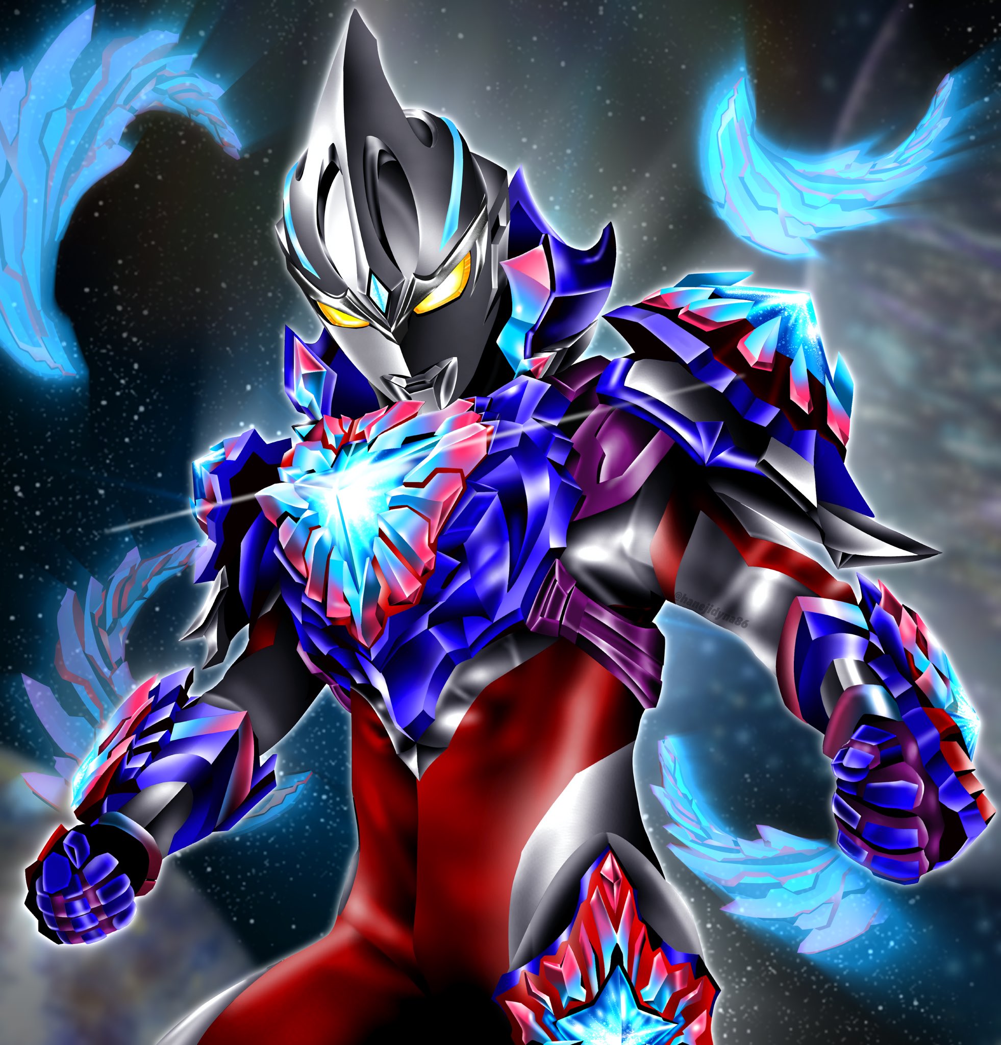 hanejidyna86, ultraman arc, tokusatsu, ultra series, ultraman arc (series), commentary, highres, 1boy, abs, alien, armor, black skin, black sky, blue armor, blue gemstone, clenched hands, colored skin, crystal, dorsal fin, energy, forehead jewel, galaxy armor, gauntlets, gem, giant, giant male, glint, glowing, glowing armor, glowing eyes, knee pads, looking down, male focus, multicolored armor, multicolored skin, muscular, muscular male, no pupils, planet, purple armor, red armor, red skin, shoulder armor, silver skin, sky, solo, space, star (sky), starry sky, twitter username, upper body, wrinkled skin, yellow eyes