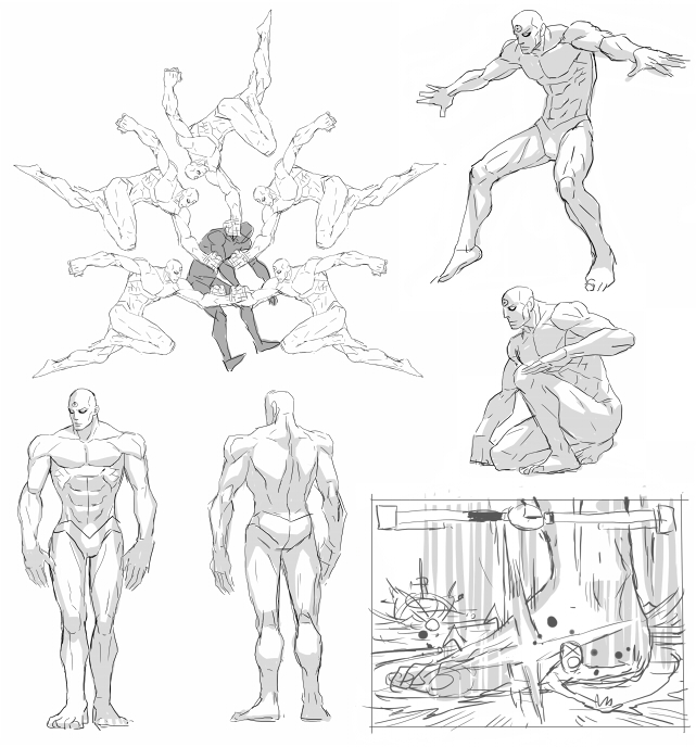 mahito (tranjistor), dr. manhattan, dc comics, watchmen, concept art, 2boys, fake screenshot, fighting game, greyscale, male focus, monochrome, multiple boys, size difference, stomping