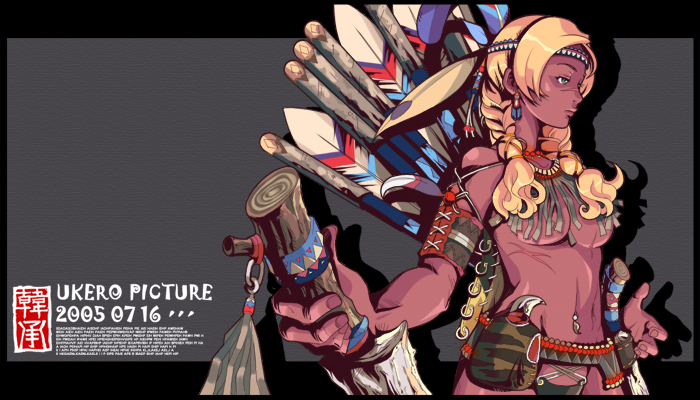 ukero, 1girl, blonde hair, dark-skinned female, dark skin, earrings, feathers, female focus, headdress, jewelry, long hair, native american, native american headdress, navel, navel piercing, piercing, scar, solo, squaw