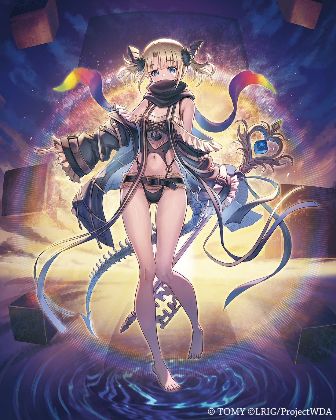 madopen, umr (wixoss), wixoss, highres, official art, 1girl, barefoot, black scarf, blonde hair, blue eyes, brown horns, copyright notice, covered mouth, cube, detached sleeves, hair ornament, holding, holding weapon, horns, navel, revealing clothes, scarf, solo, tail, twintails, weapon