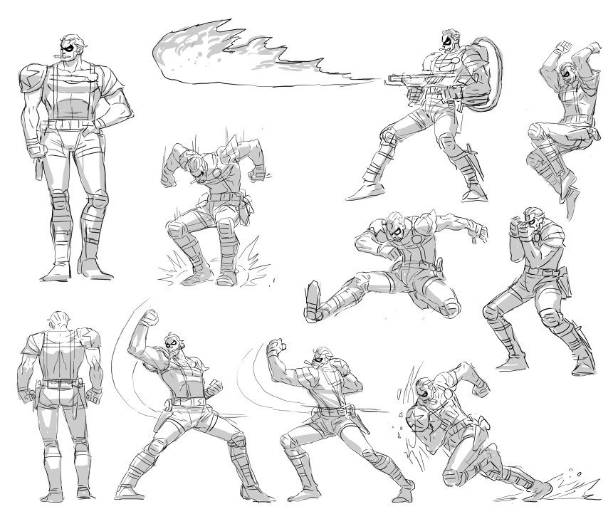 mahito (tranjistor), the comedian, dc comics, watchmen, concept art, 1boy, cigar, fighting, fighting game, flamethrower, greyscale, lapel pin, male focus, mask, monochrome, weapon