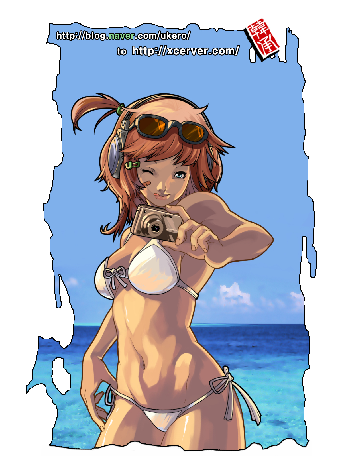 ukero, original, highres, 1girl, bandaid, beach, bikini, blue eyes, brown hair, camera, day, female focus, headphones, lips, mole, mole under eye, ocean, one eye closed, short hair, side-tie bikini bottom, side ponytail, solo, sunglasses, swimsuit, tongue, water, white bikini