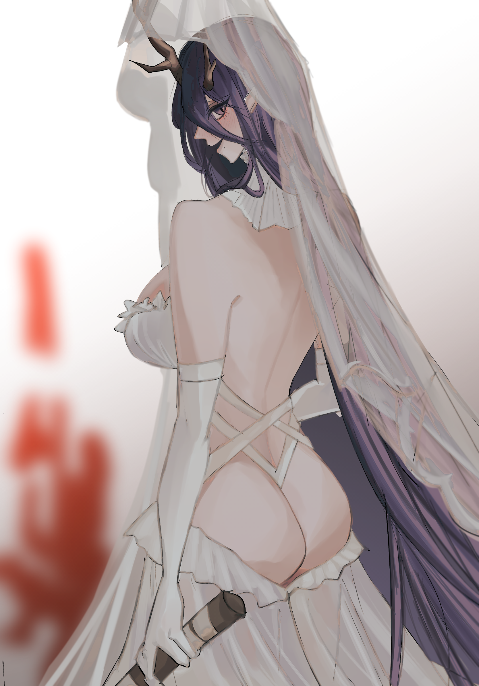 tsuchi (xger4434), golden hind (azur lane), golden hind (forlorn femme fatale) (azur lane), azur lane, highres, 1girl, antlers, ass, axe, backless dress, backless outfit, bare shoulders, breasts, cowboy shot, dress, elbow gloves, from behind, gloves, holding, holding axe, horns, large breasts, long hair, looking at viewer, looking back, official alternate costume, purple eyes, purple hair, reindeer antlers, solo, tentacles, very long hair, white dress, white gloves