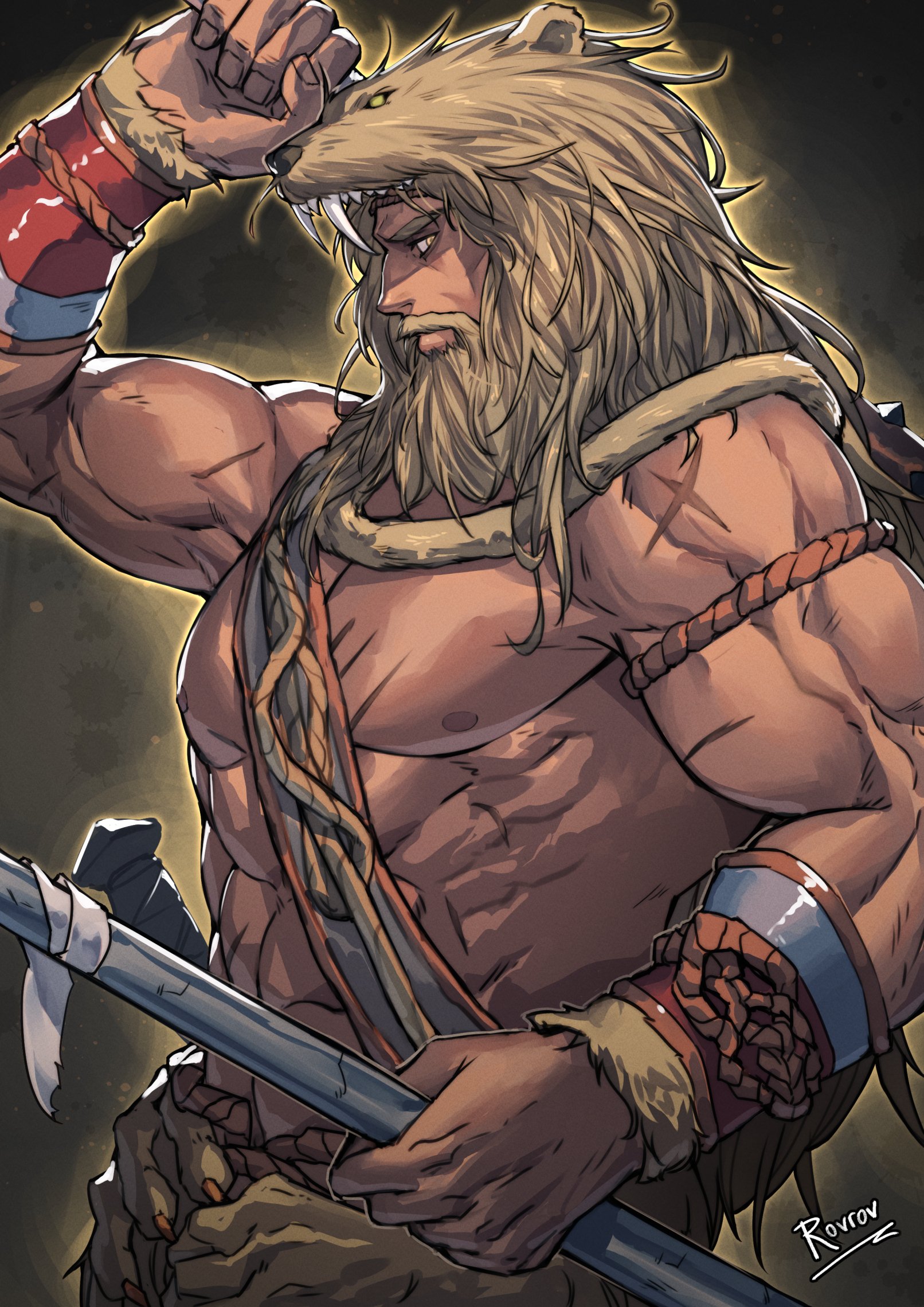 heracles (hades), hades (series), hades 2, highres, 1boy, abs, bara, beard, biceps, connected beard, cowboy shot, facial hair, full beard, fur (clothing), holding, holding weapon, large pectorals, lion hood, long beard, long hair, looking at viewer, male focus, mature male, multiple scars, muscular, muscular male, mustache, nipples, pectorals, profile, rovrov, scar, sideways glance, simple background, solo, thick beard, thick mustache, topless male, tsurime, weapon