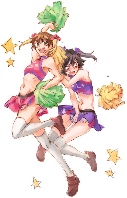 yokoshima (tirimoti), kururugi suzaku, luluko, suzako, code geass, bad id, bad pixiv id, 00s, 2boys, black hair, blush, cheerleader, crossdressing, crossdressing (mtf), embarrassed, male focus, midriff, multiple boys, pom pom (cheerleading), ribs, shoes, skirt, socks, star (symbol), thighhighs, twintails