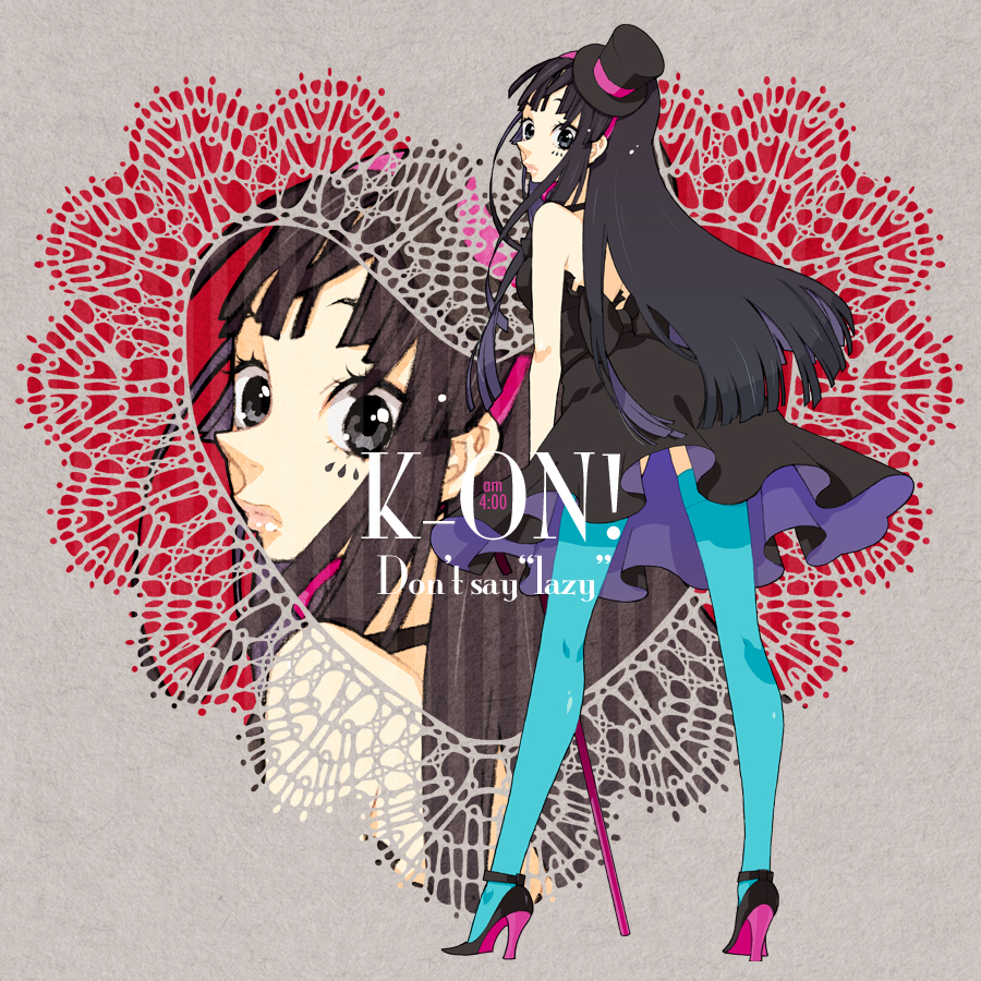 gozen4ji, gozen4ji (pixiv), gozenyoji, akiyama mio, don't say "lazy", k-on!, bad id, bad pixiv id, 00s, 1girl, black hair, blunt bangs, cane, facepaint, female focus, hat, high heels, hime cut, legs, long hair, mini hat, mini top hat, shoes, solo, thighhighs, top hat