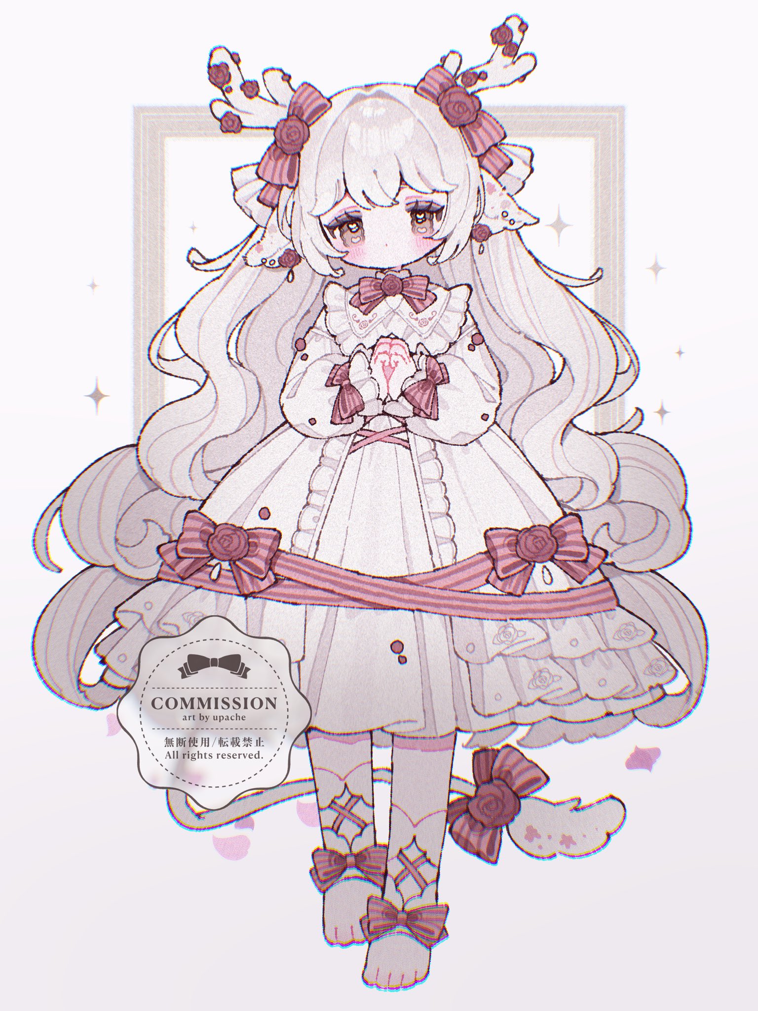 original, commentary, commission, highres, 1girl, antlers, artist name, barefoot, blush, bow, bowtie, brown eyes, closed mouth, dress, frilled dress, frills, full body, grey hair, hair bow, horns, long hair, long sleeves, looking at viewer, own hands together, red bow, red bowtie, sleeve bow, solo, standing, striped bow, striped bowtie, striped clothes, tail, tail bow, tail ornament, upache, watermark, white background, white dress, white horns