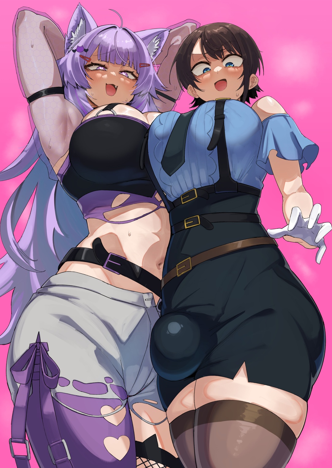 nuezou, nekomata okayu, nekomata okayu (personya respect), oozora subaru, oozora subaru (police), hololive, highres, 2girls, ahoge, animal ears, arms behind head, arms up, belt, black necktie, black skirt, black tube top, blue eyes, blue shirt, blunt bangs, blush, breasts, brown hair, brown thighhighs, bulge, cat ears, cat girl, cat tail, clothing cutout, fang, fishnet thighhighs, fishnets, from below, futanari, gloves, hair ornament, large breasts, long hair, looking at viewer, multiple girls, necktie, official alternate costume, official alternate hair length, official alternate hairstyle, open mouth, pencil skirt, pink background, police, police uniform, policewoman, purple eyes, purple hair, see-through shrug, shiny skin, shirt, short hair, shorts, shoulder cutout, shrug (clothing), single leg pantyhose, skirt, steaming body, strapless, sweat, swept bangs, tail, thighhighs, thighs, torn clothes, torn shorts, tube top, virtual youtuber, white gloves