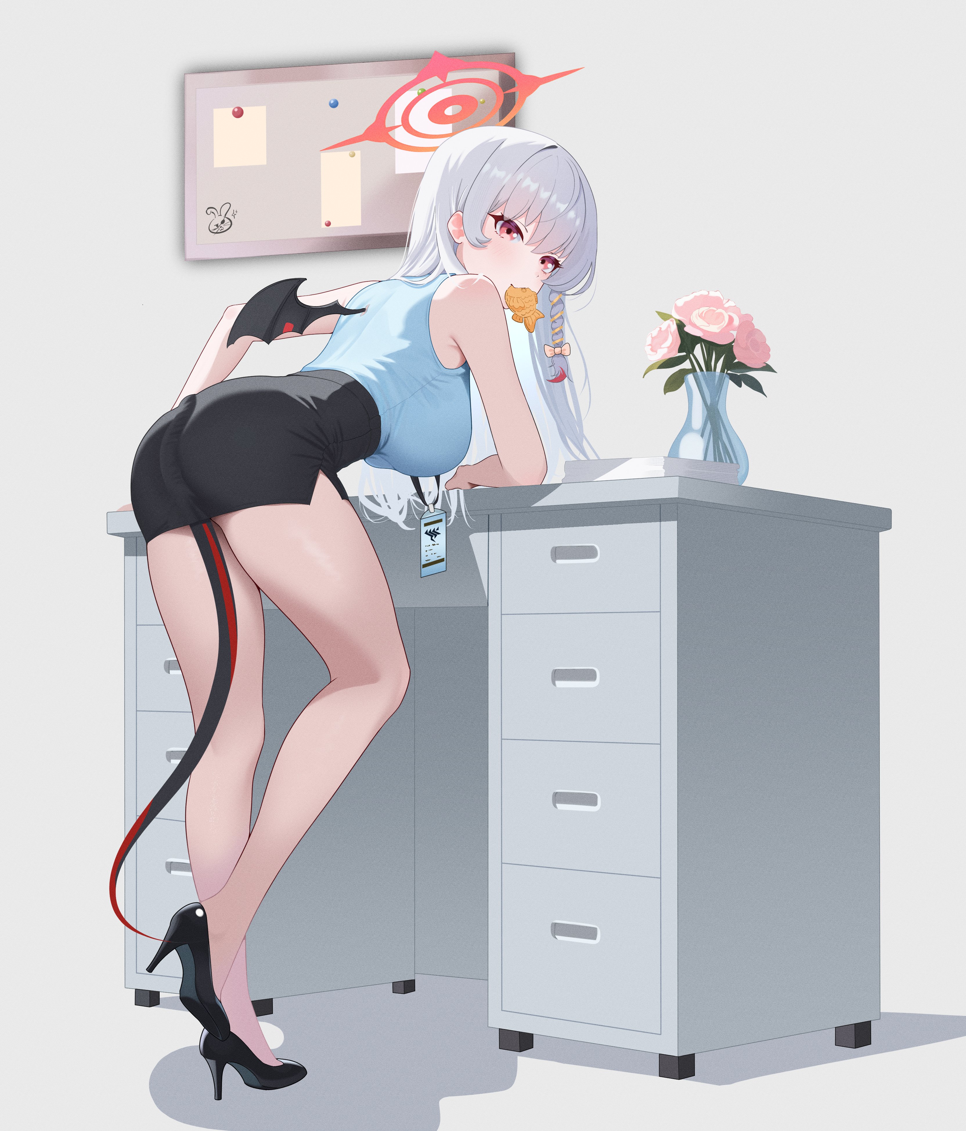 royalbunny003, haruna (blue archive), blue archive, absurdres, commentary request, hashtag-only commentary, highres, 1girl, alternate costume, bent over, black wings, blue shirt, braid, breasts, demon tail, demon wings, desk, flower, food, food in mouth, full body, grey background, grey hair, halo, high heels, id card, lanyard, leaning on object, long hair, miniskirt, office lady, pencil skirt, pink flower, pink rose, red eyes, red halo, rose, shirt, single wing, skirt, sleeveless, sleeveless shirt, solo, tail, tail under clothes, taiyaki, vase, wagashi, wings