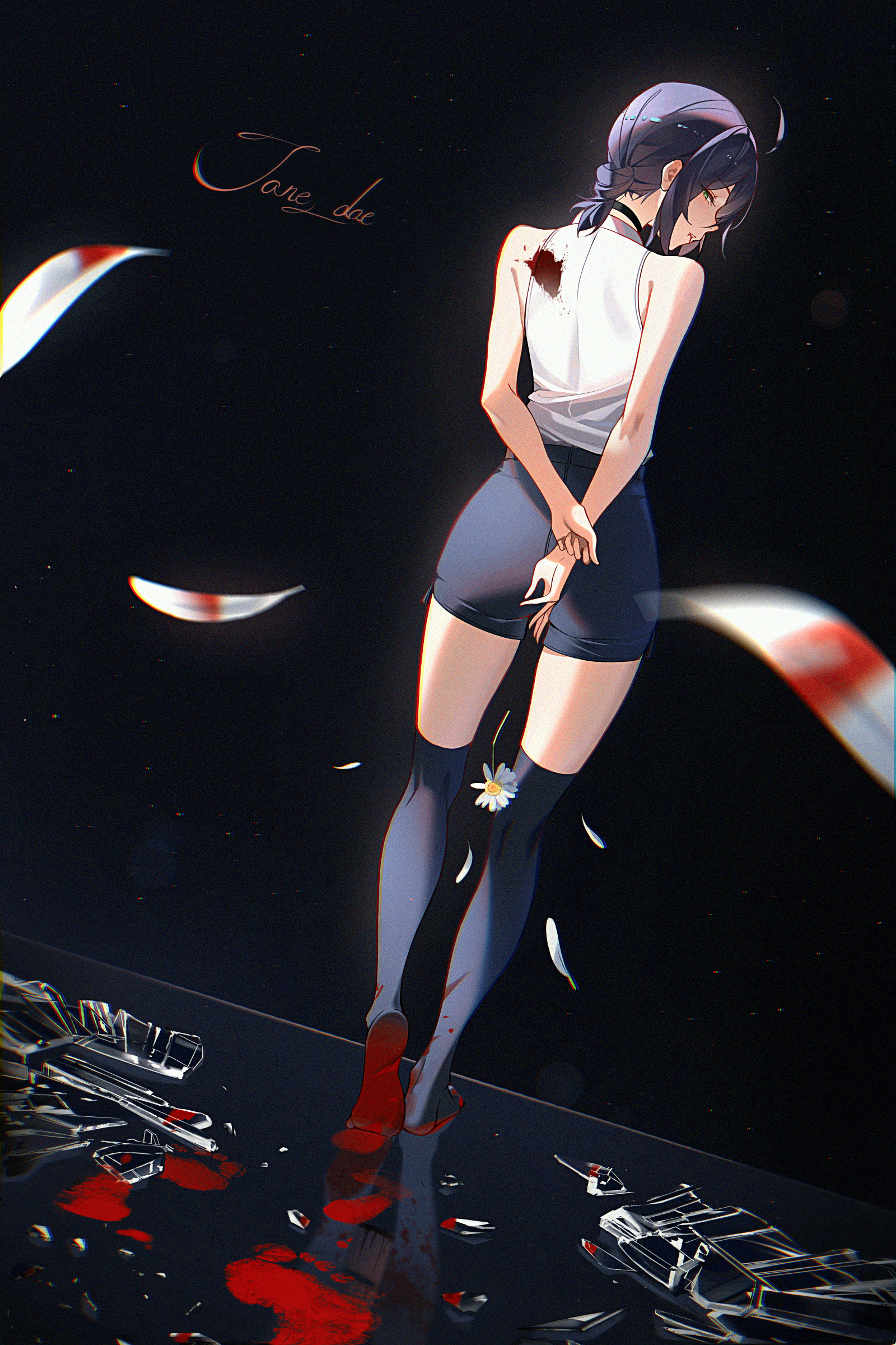 dong (art woodong), reze (chainsaw man), chainsaw man, absurdres, bad source, highres, 1girl, bare arms, bare shoulders, black shorts, black thighhighs, blood, blush, from behind, green eyes, hair bun, high-waist shorts, no shoes, parted lips, purple hair, shirt, short hair, short shorts, shorts, sidelocks, sleeveless, sleeveless shirt, smile, solo, thighhighs, white shirt