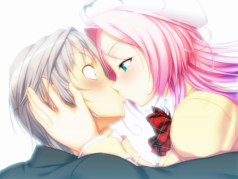 dra+koi, nitroplus, silver hair, tagme, 1boy, 1girl, blush, breasts, couple, green eyes, hetero, kiss, large breasts, pink hair, simple background