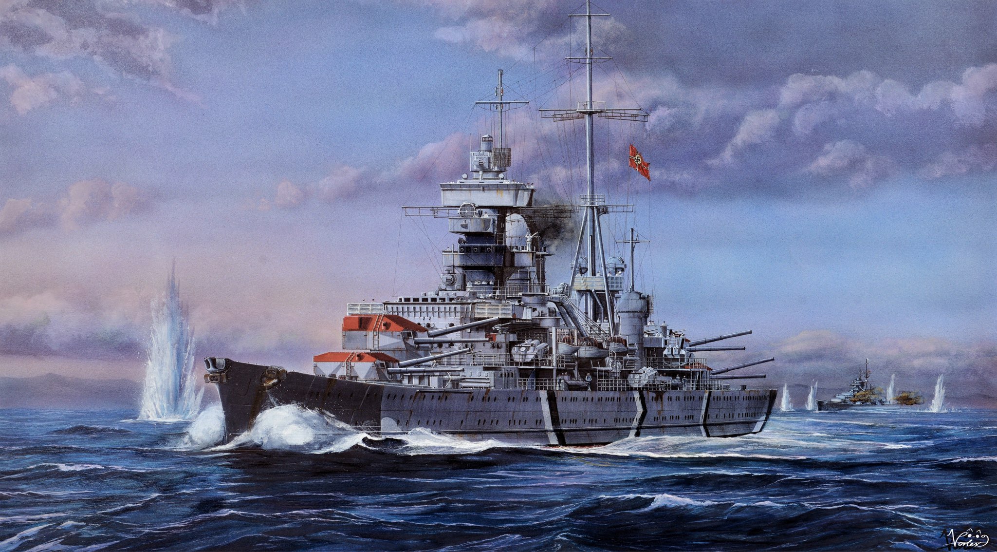 vortex (xu xuanwo), original, commentary request, highres, battle, battle of the denmark strait, battleship, bismarck (battleship), cruiser, flag, historical event, kriegsmarine, mast, military, military vehicle, naval battle, nazi war ensign, no humans, ocean, outdoors, prinz eugen (cruiser), ship, ship turret, sky, smoke, smokestack, under fire, vehicle focus, warship, watercraft, waves, world war ii