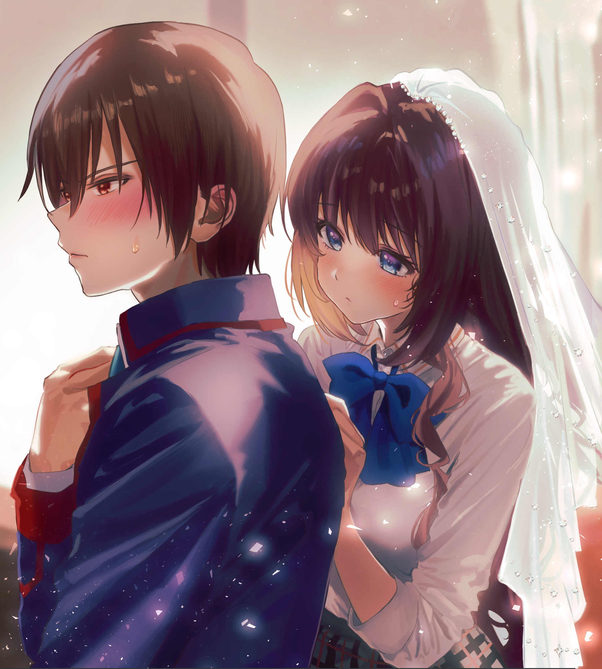 miiizuno lbs, a-chan (little busters!), natsume kyousuke, little busters!, commentary request, highres, 1boy, 1girl, averting eyes, black jacket, blue bow, blue bowtie, blue eyes, blush, bow, bowtie, bridal veil, brown eyes, brown hair, closed mouth, collared shirt, couple, embarrassed, eyelashes, hair intakes, hand on another's back, hand up, hetero, indoors, jacket, light particles, little busters! school uniform, long hair, long sleeves, looking at another, looking to the side, school uniform, shirt, short hair, shy, sweatdrop, upper body, veil, very long hair, white shirt, white veil