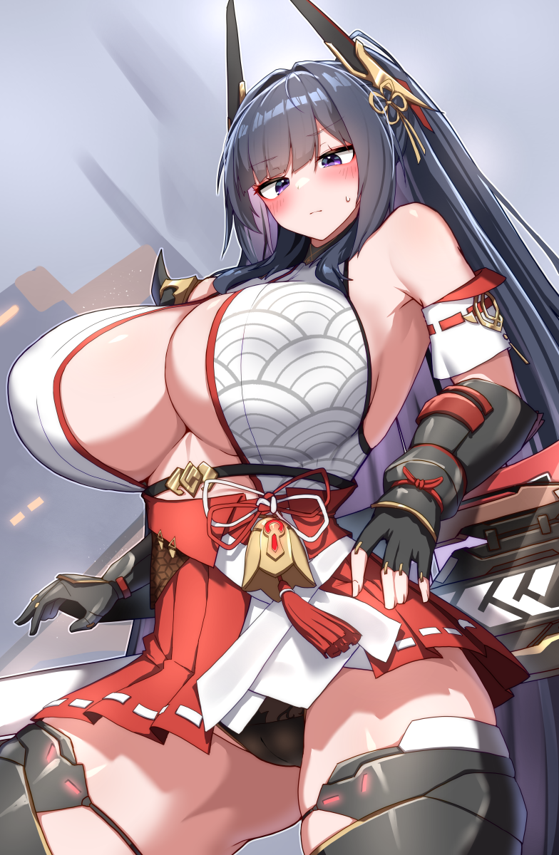 tylwing, starward, commentary request, highres, 1girl, akigumo (starward), arm guards, bare shoulders, black gloves, black hair, black panties, blush, breasts, cameltoe, cleavage, cleavage cutout, clothing cutout, fingerless gloves, gloves, grey background, hakama, hakama short skirt, hakama skirt, huge breasts, japanese clothes, long hair, microskirt, panties, pantyshot, purple eyes, skirt, solo, sweatdrop, thighs, underwear, very long hair