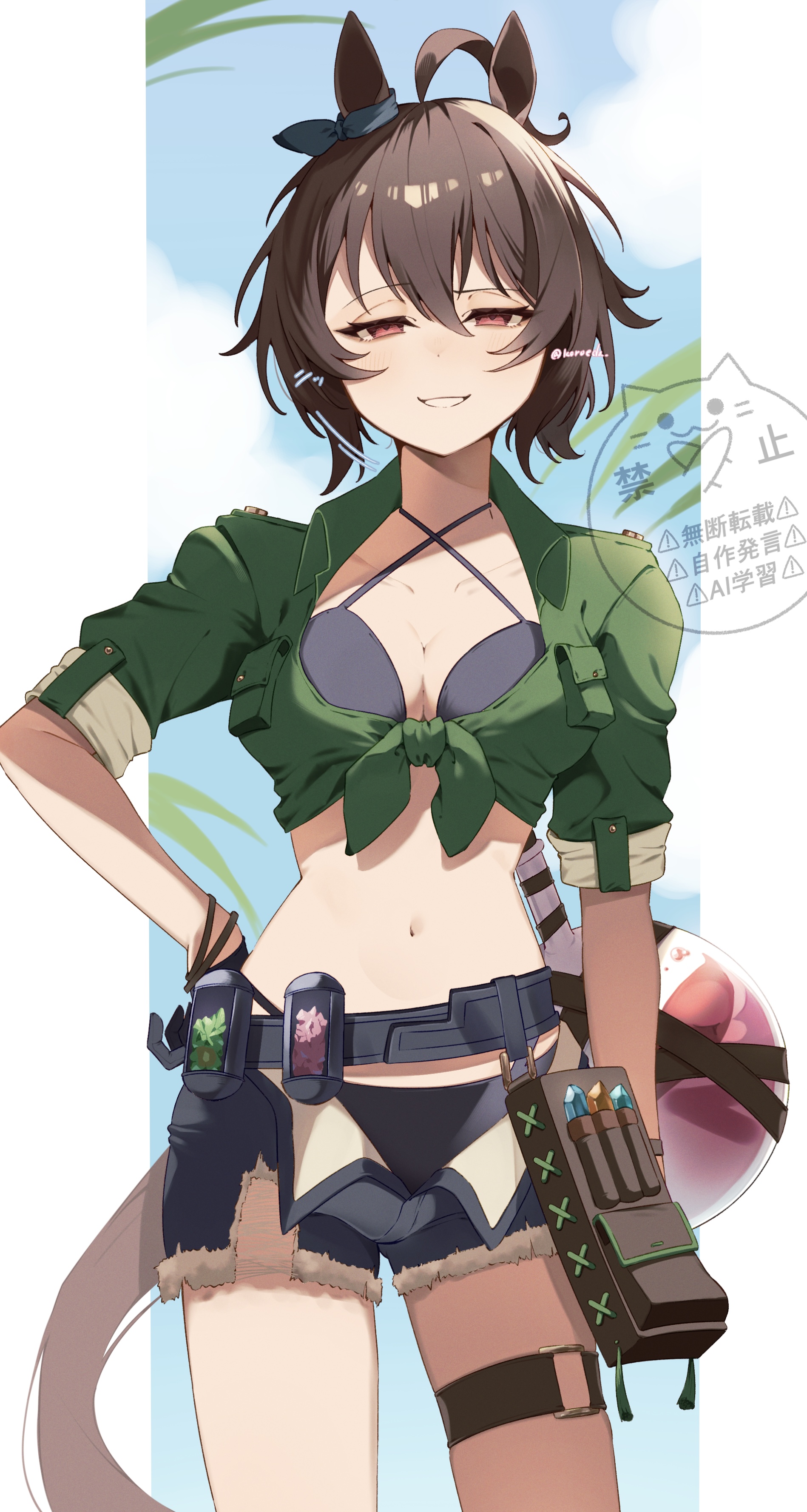 koroeda6, agnes tachyon (lunatic lab) (umamusume), agnes tachyon (umamusume), umamusume, absurdres, highres, 1girl, animal ears, bikini, black bikini, black gloves, black shorts, blush, breasts, brown hair, fur trim, gloves, green shirt, grin, hair between eyes, hand on own hip, horse ears, horse girl, horse tail, large breasts, looking at viewer, official alternate costume, open clothes, open shorts, red eyes, shirt, short hair, short shorts, shorts, smile, solo, swimsuit, tail, tied shirt