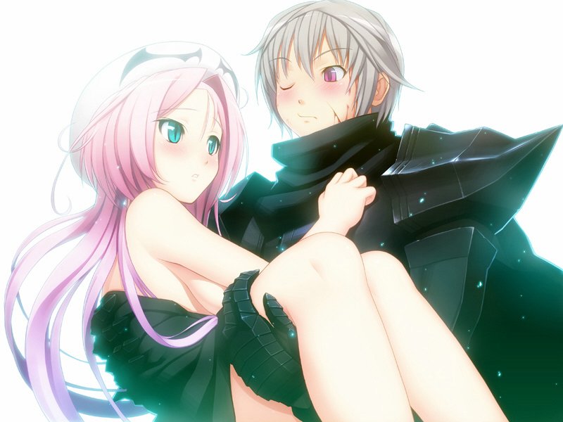 dra+koi, nitroplus, silver hair, 1boy, 1girl, armor, blush, breasts, couple, green eyes, large breasts, long hair, pink eyes, pink hair, short hair, simple background