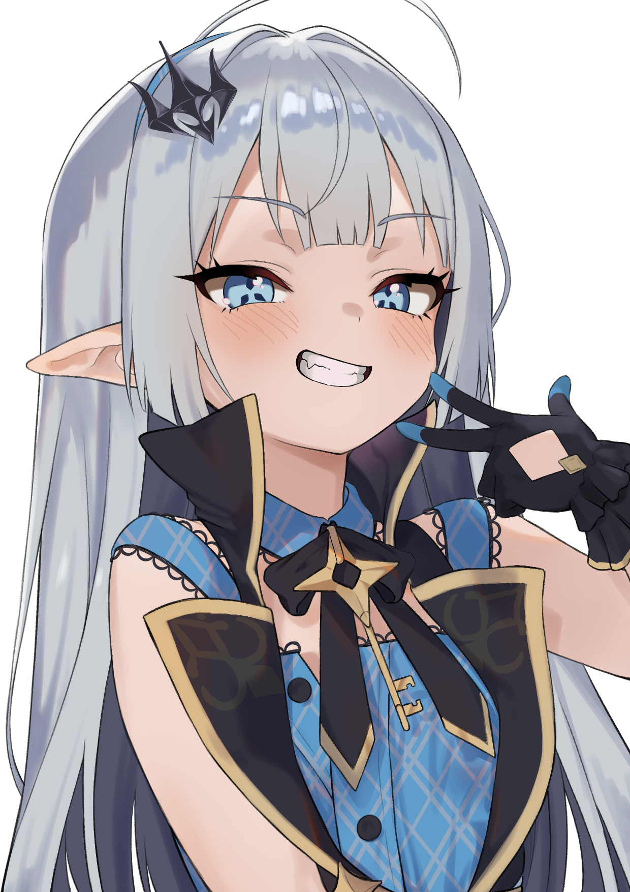 solitehu, female tyrant (stella sora), stella sora, commentary request, highres, ahoge, black dress, black gloves, black ribbon, blue dress, blue eyes, blue hairband, blush, checkered clothes, checkered dress, checkered hairband, coat dress, dress, extra pupils, frilled gloves, frills, gloves, grey hair, grin, hair intakes, hair ornament, hairband, jewelry, key, key necklace, layered dress, long hair, looking at viewer, neck ribbon, necklace, pointy ears, ribbon, simple background, sleeveless, sleeveless dress, smile, smug, tyrant (stella sora), upper body, v, very long hair, white background