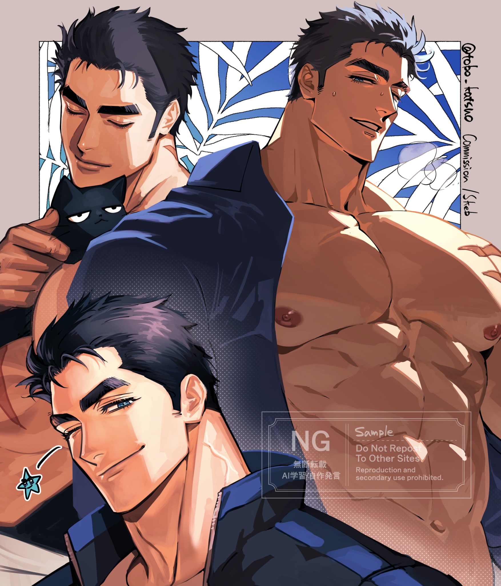 tobo katsuo, kokado shido (domo), original, commission, highres, skeb commission, 1boy, abs, adam's apple, bara, bare pectorals, black hair, blue eyes, collage, facial hair, from below, huge pectorals, looking at viewer, male focus, medium sideburns, muscular, muscular male, navel, nipples, pectorals, petting, seductive smile, short hair, sideburns stubble, smile, standing, stomach, stubble, thick eyebrows, thick neck, upper body, wink star