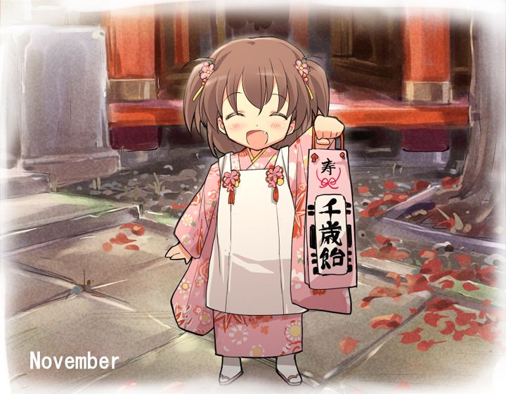 eeeeee, original, translated, 1girl, brown hair, child, closed eyes, fang, female focus, floral print, food, happy, japanese clothes, kimono, november, sandals, smile, solo, tabi
