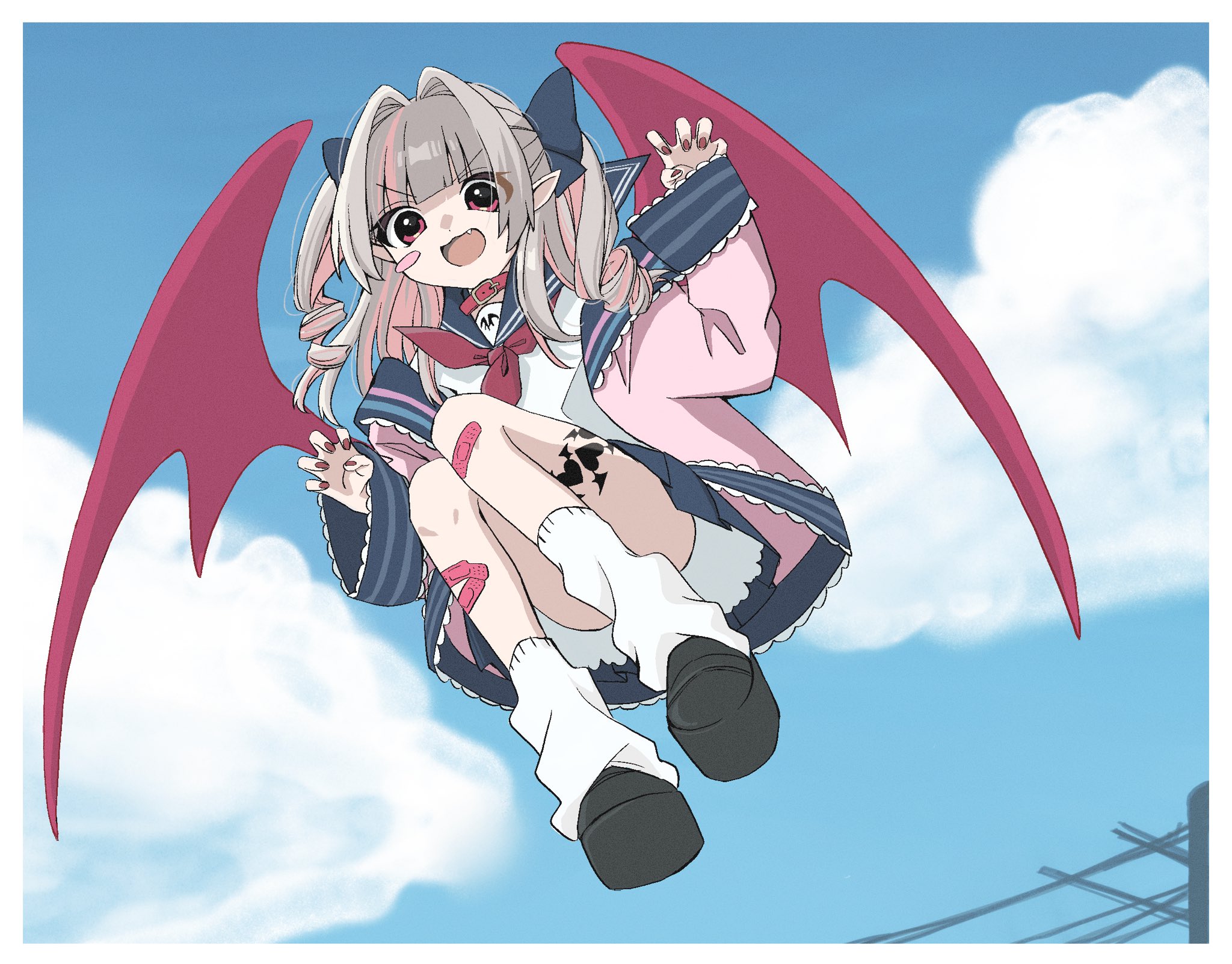 makaino ririmu, makaino ririmu (4th costume), nijisanji, highres, 1girl, bandaid, bandaid on leg, belt collar, black shoes, blue ribbon, blue sailor collar, blue skirt, blush stickers, border, claw pose, cloud, collar, colored inner hair, convenient leg, demon wings, drill hair, fang, flying, from below, full body, grey hair, hair intakes, hair over shoulder, hair ribbon, jacket, knees up, leg tattoo, long hair, looking at viewer, loose socks, midair, miniskirt, multicolored hair, neckerchief, off shoulder, omoc8bac, open clothes, open jacket, open mouth, pink hair, pink jacket, pink streaks, platform shoes, pleated skirt, pointy ears, power lines, red collar, red eyes, red nails, red neckerchief, red wings, ribbon, sailor collar, school uniform, serafuku, shirt, shoes, sidelocks, single blush sticker, skirt, sky, sleeves past wrists, smile, socks, solo, streaked hair, tattoo, two-tone hair, two side up, utility pole, v-shaped eyebrows, virtual youtuber, white border, white shirt, white socks, winged heart, winged heart tattoo, wings