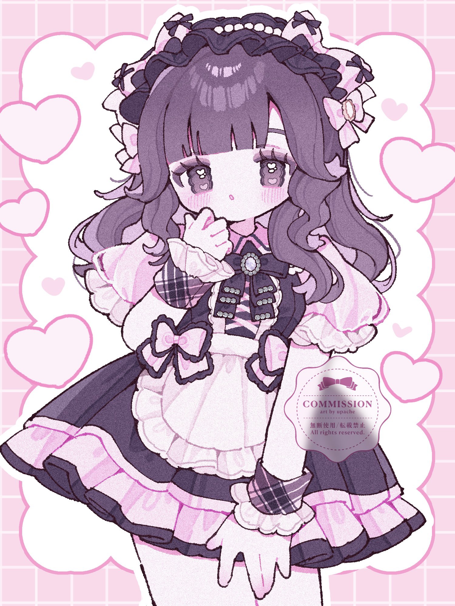 original, commentary, commission, highres, 1girl, :o, apron, artist name, black bow, black bowtie, black dress, black hairband, blunt bangs, blush, border, bow, bowtie, brown eyes, brown hair, cowboy shot, dress, frilled apron, frilled dress, frills, hairband, hand up, heart, long hair, open mouth, outside border, pink border, short sleeves, solo, upache, watermark, white apron, white background, wrist cuffs