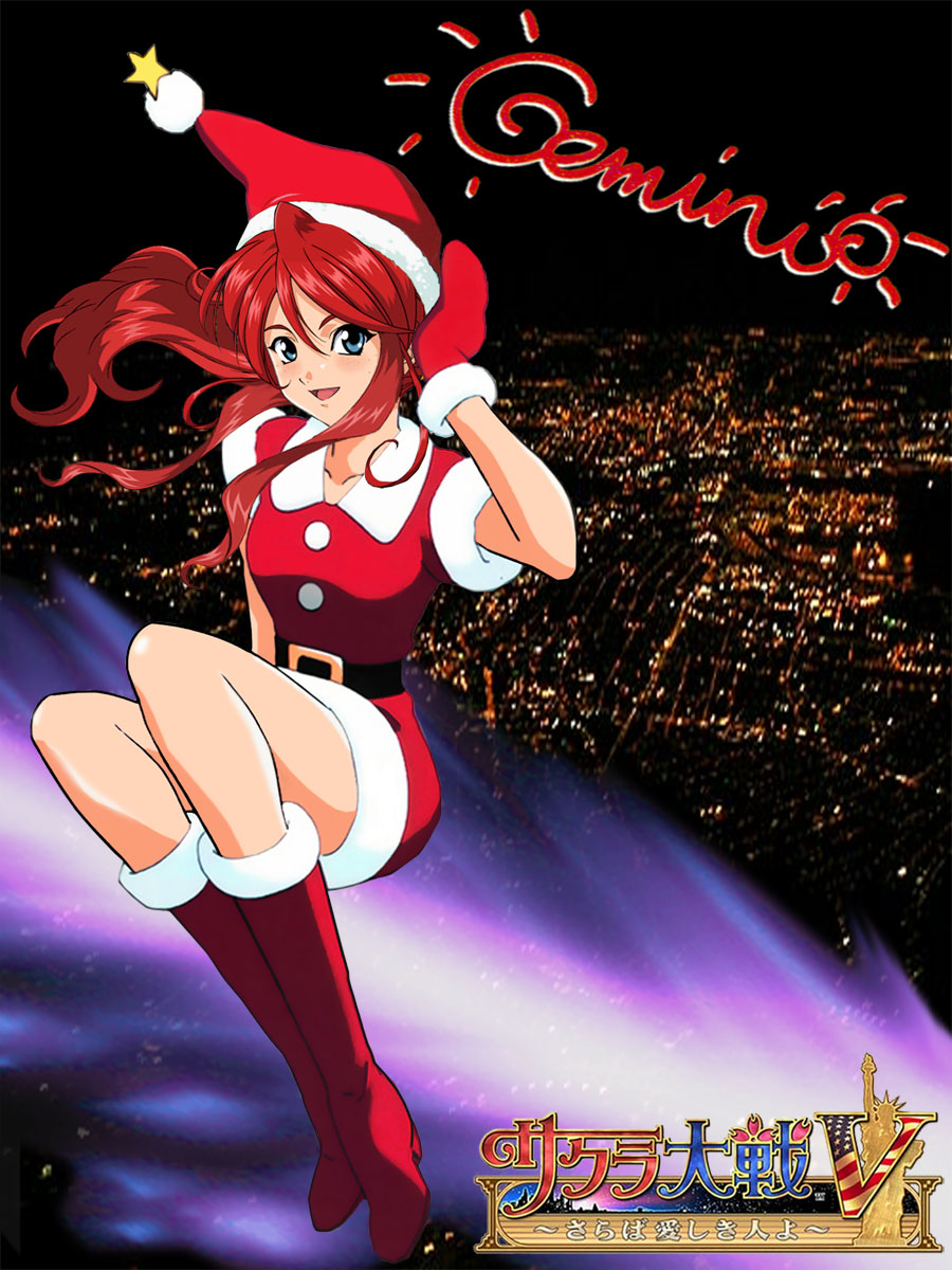 gemini sunrise, sakura taisen, sakura taisen v, highres, 00s, blue eyes, red hair, santa costume, solo