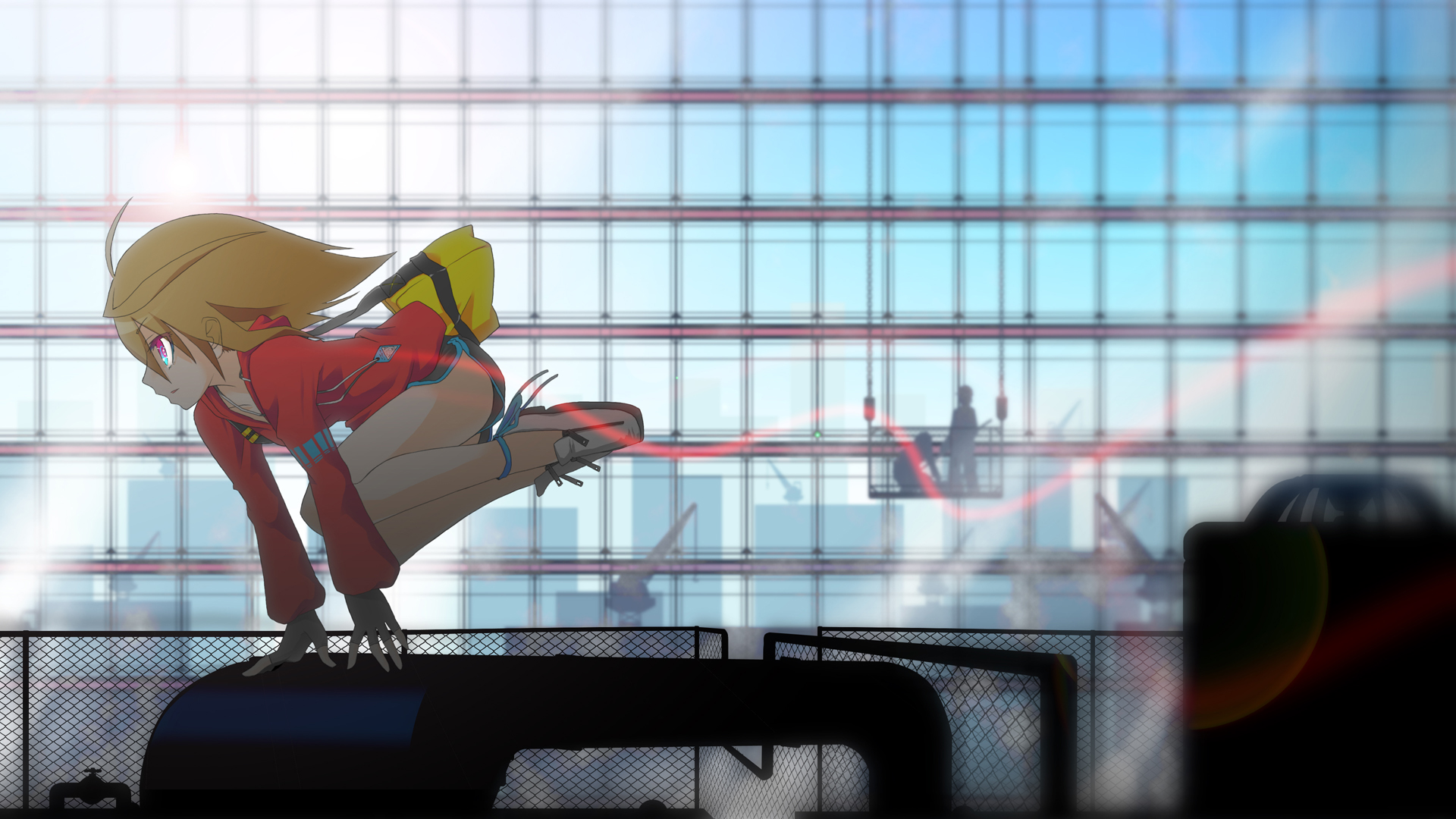 kuromaru9, mirror's edge, mirror's edge (series), original, highres, 1girl, ahoge, anklet, bag, city, construction, female focus, fingerless gloves, gloves, glowing, glowing eyes, jewelry, light trail, parkour, shorts, solo