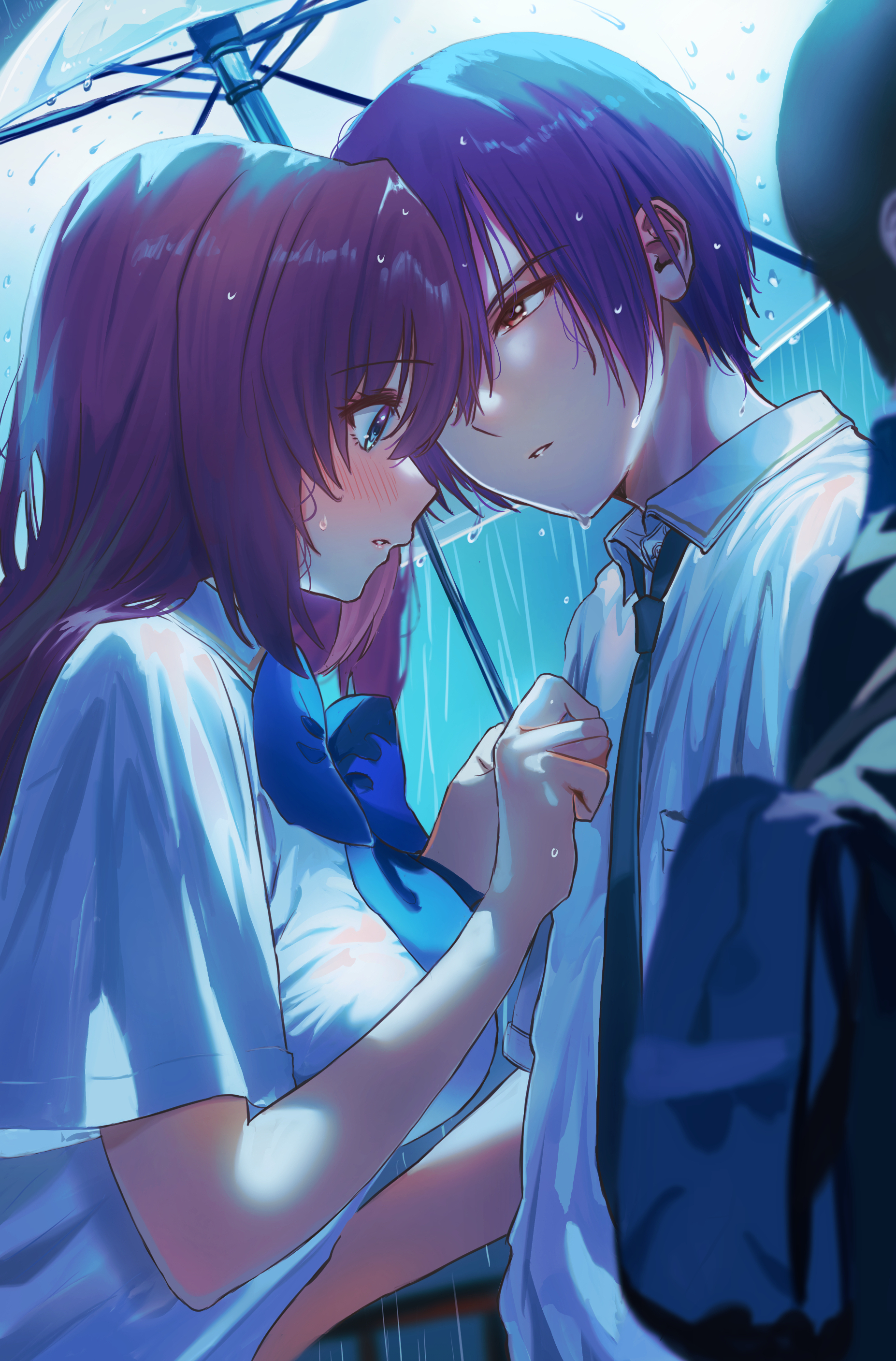 miiizuno lbs, a-chan (little busters!), natsume kyousuke, little busters!, absurdres, commentary request, highres, 1boy, 1girl, blue bow, blue bowtie, blue eyes, blue necktie, blurry, blush, bow, bowtie, breasts, brown eyes, brown hair, collared shirt, depth of field, eyelashes, hair between eyes, hand on another's chest, hand up, hetero, holding, holding umbrella, large breasts, little busters! school uniform, long hair, looking at another, necktie, outdoors, parted lips, profile, rain, school uniform, shared umbrella, shirt, short hair, short sleeves, umbrella, under umbrella, upper body, v-shaped eyebrows, water drop, wet, wet hair, white shirt