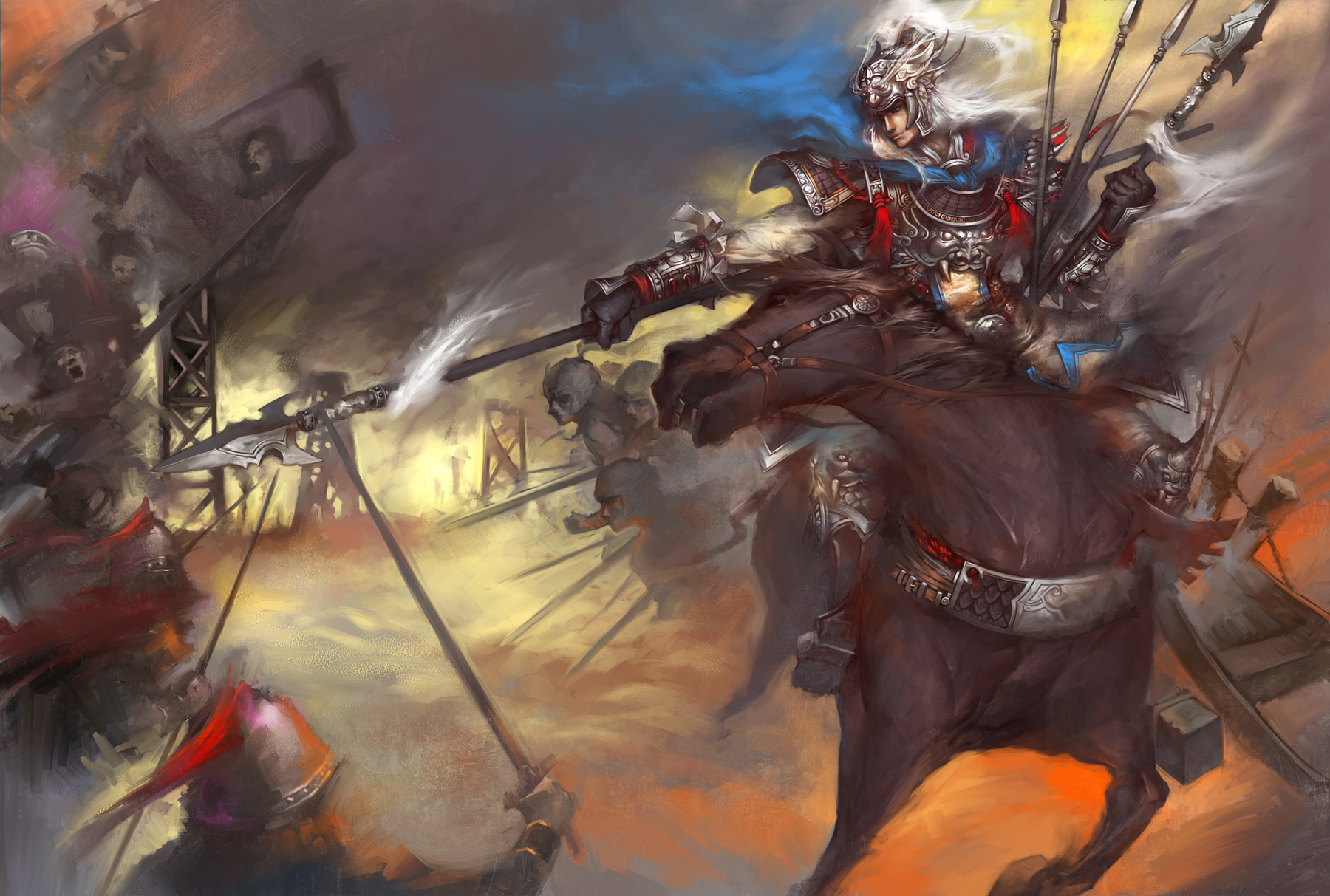 chang, chang (pixiv), original, bad id, bad pixiv id, highres, armor, battle, horse, horseback riding, polearm, riding, spear, weapon, white hair
