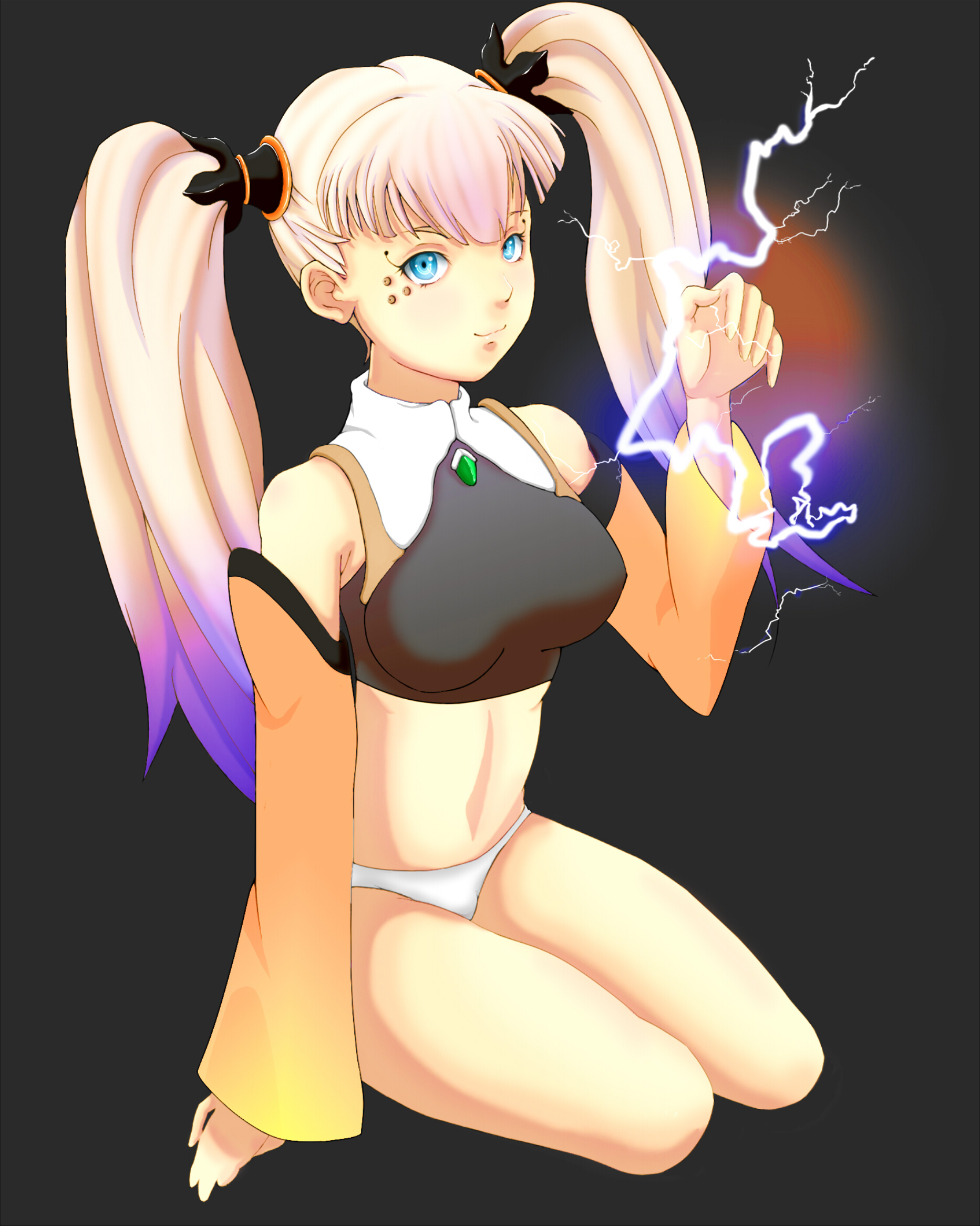 pinpiro, tolone, tolone (xenogears), xenogears, bad id, bad pixiv id, highres, 1girl, blue eyes, crop top, detached sleeves, female focus, long hair, midriff, panties, smile, solo, twintails, underwear, white hair