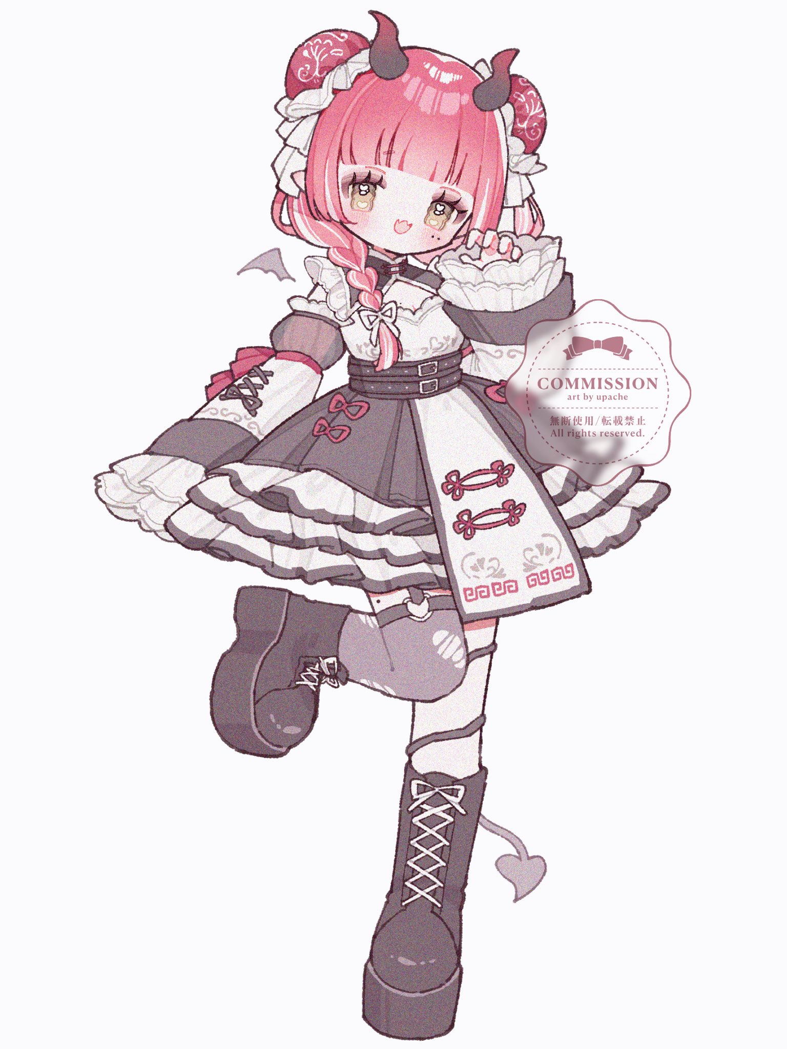 original, commentary, commission, highres, 1girl, :d, artist name, black boots, black skirt, blunt bangs, blush, boots, braid, breasts, bun cover, cleavage, cleavage cutout, clothing cutout, demon girl, demon horns, demon tail, double bun, fangs, frilled skirt, frilled sleeves, frills, full body, grey thighhighs, hair bun, hand up, horns, lace-up boots, long hair, long sleeves, looking at viewer, open mouth, red hair, simple background, single thighhigh, skin fangs, skirt, smile, solo, standing, standing on one leg, tail, thighhighs, torn clothes, torn thighhighs, twin braids, upache, watermark, white background, yellow eyes