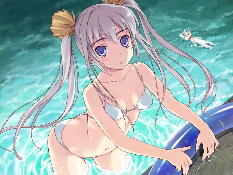 amakura, sachiko (toppara), toppara, beach, bikini, pool, purple eyes, solo, swimsuit, twintails, wading, water, white hair