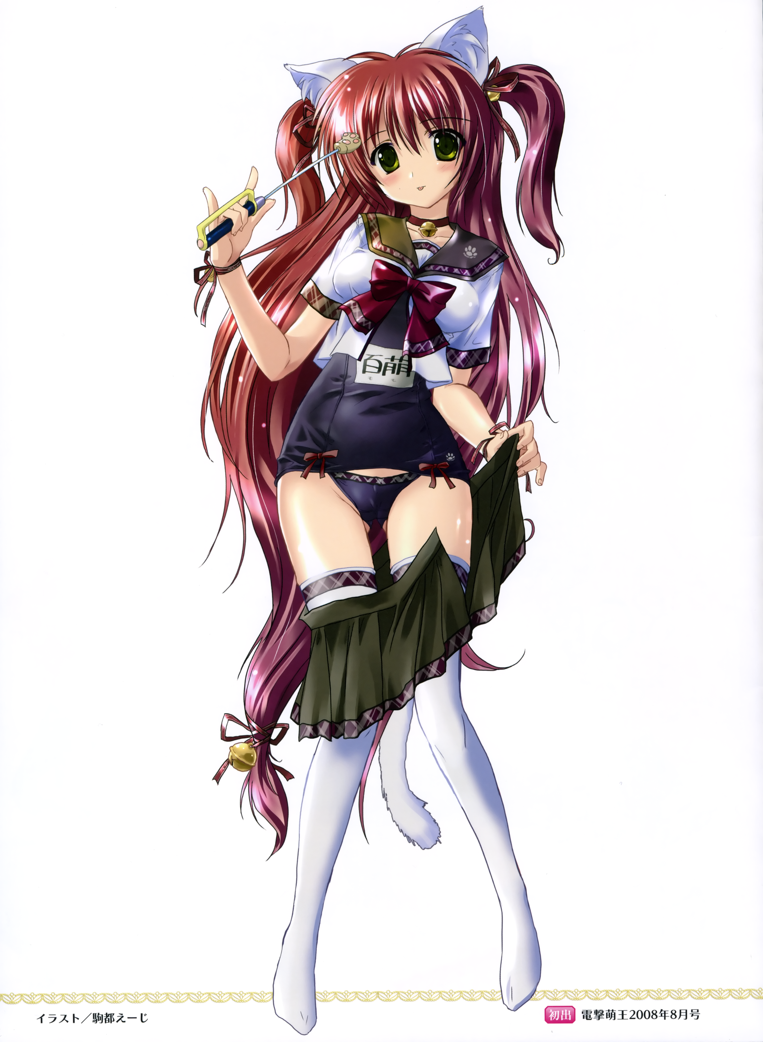 komatsu eiji, original, absurdres, highres, 1girl, animal ears, bell, blush, cat ears, cat tail, choker, female focus, green eyes, hair ornament, long hair, miniskirt, one-piece swimsuit, pleated skirt, red hair, ribbon, school swimsuit, school uniform, skirt, solo, standing, swimsuit, tail, thighhighs, tongue, twintails, undressing, very long hair, white thighhighs