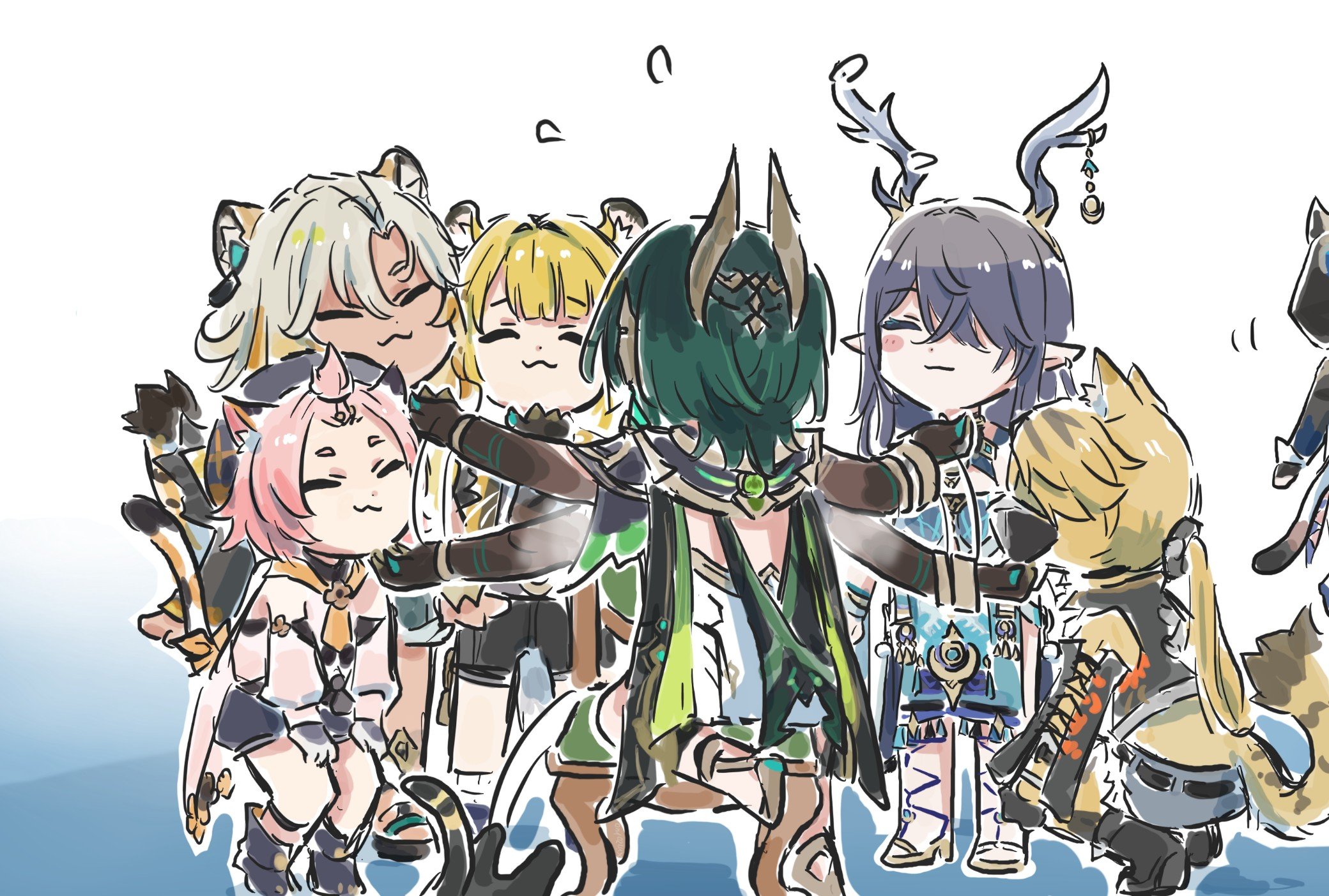 xinzoruo, cipher (honkai: star rail), diona (genshin impact), ju fufu, lauma (genshin impact), nefer (genshin impact), pulchra fellini, xilonen (genshin impact), genshin impact, honkai: star rail, honkai (series), zenless zone zero, highres, !, 6+girls, animal ears, black cat, black gloves, brown hair, cat, cat ears, cat girl, cat tail, closed eyes, dress, feral instincts, gloves, green eyes, green hair, grey hair, happy, long hair, long sleeves, looking at another, multiple girls, nekomata, pantyhose, petting, purple eyes, short hair, simple background, sitting, smile, spoken exclamation mark, standing, tail, white background