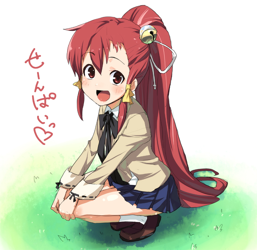 shue, original, 1girl, :d, bell, blazer, blush, female focus, hair ornament, hands on own knees, jacket, laughing, legs, loafers, long hair, looking at viewer, miniskirt, open mouth, pleated skirt, ponytail, red eyes, red hair, ribbon, school uniform, shoes, skirt, smile, socks, solo, squatting, swept bangs, very long hair