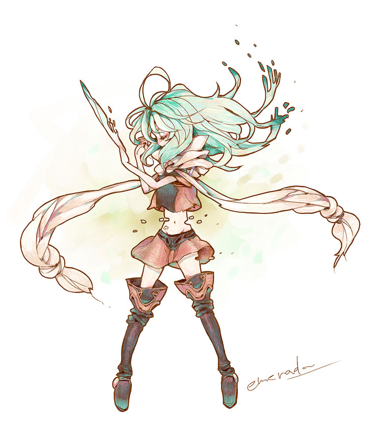 the land unknown, emerada (xenogears), xenogears, bad id, bad pixiv id, aqua hair, boots, green hair, long hair, midriff, miniskirt, navel, scarf, skirt, solo, torn clothes