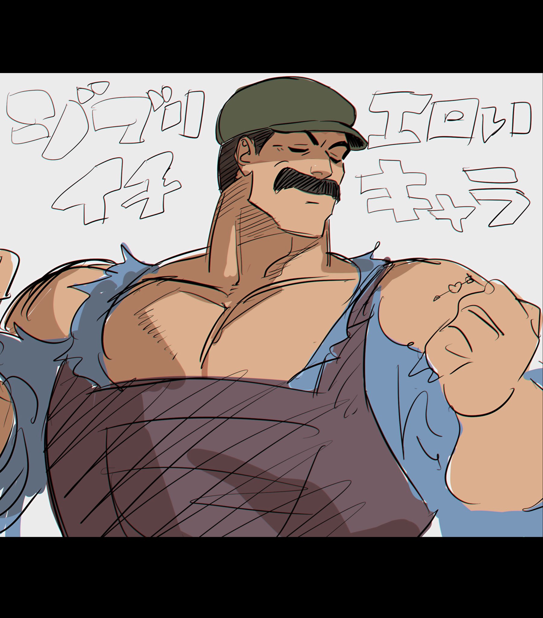 tobo katsuo, mr. duffi, tenkuu no shiro laputa, highres, translation request, 1boy, bara, brown hair, clenched hand, exploding clothes, facial hair, flexing, huge pectorals, male focus, mature male, mustache, pectoral cleavage, pectorals, short hair, sketch, solo, thick mustache, thick neck, upper body