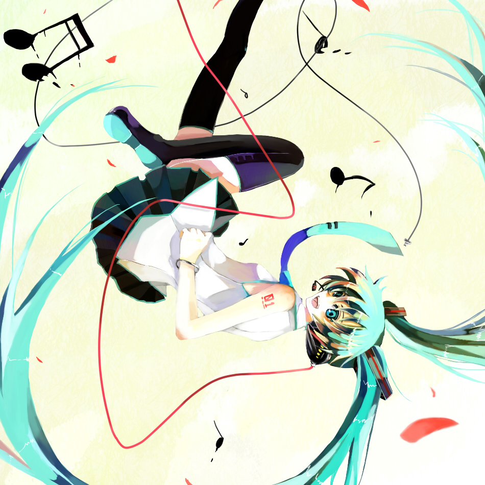 nako, nako (nonrain), hatsune miku, vocaloid, bad id, bad pixiv id, aqua hair, headphones, long hair, musical note, petals, solo, thighhighs, twintails, upside-down, very long hair